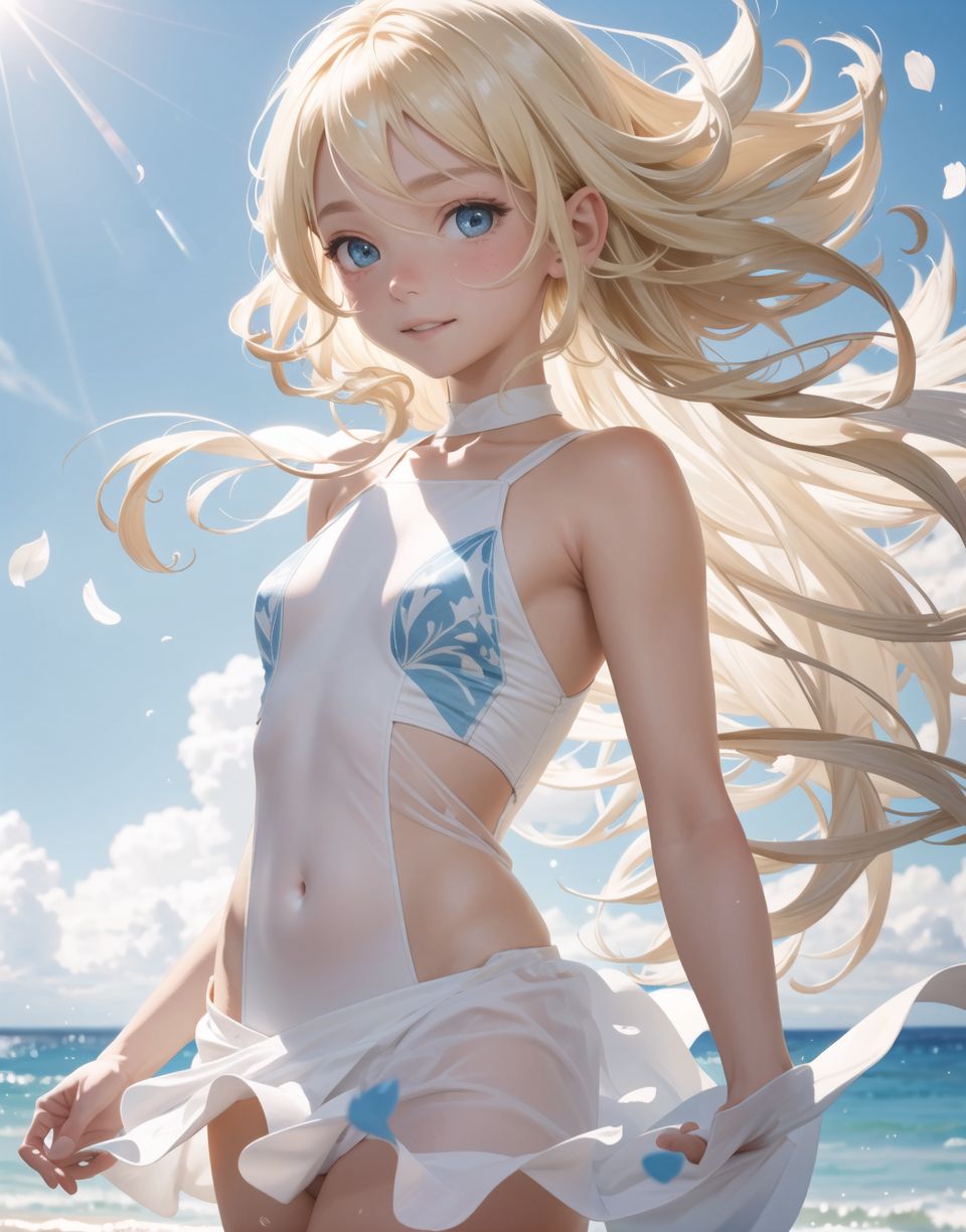 Innocent and charming 16-year-old elf girl,
Innocent, youthful expression, gentle smile, blushing soft cheeks, shy attitude,

Idol-like smile,

Bright green eyes, shining with purity,
Golden blonde hair, stylish short cut, delicate flow of hair,

((Sunny, dark-coloured blue sky,))
Southern island coast,
Beautiful sandy beach,
The shimmering horizon,
Beautiful light blue petals,
Photographic clouds,

A gentle smile, 
The strong sunshine, 
Hair blowing in the wind,

soft natural light,
Mature body,
Mature swimming costume,
Her nipples are transparent,
Navel not transparent,
serenity and joy are evident in her surroundings and expression,


Blake,
She faces the camera, makes eye contact and embodies childlike wonder,

Cowboy shot,
Soft, natural posture, youthful and graceful shot,

Blake ,
A slight tilt of the head, flirtatious eyes, the ideal blend of innocence and enchantment,
Elements of boy's fashion, fresh, pure pose, exuding natural charm,

Blake, 
The low angle emphasises her cuteness and highlights the delicate textures of her hair and clothing,
Natural light casts soft shadows and emphasises the youthful contours of her face,

Blake ,
Depth of field brings her into sharp focus and the outstanding depth blur (((f1.2 lens))) creates a dreamy background,
Ultra-high resolution captures every detail, from individual strands of hair to the intricate fabrics of her costume,
Professional-grade clarity and contrast bring vibrant colours to life,
