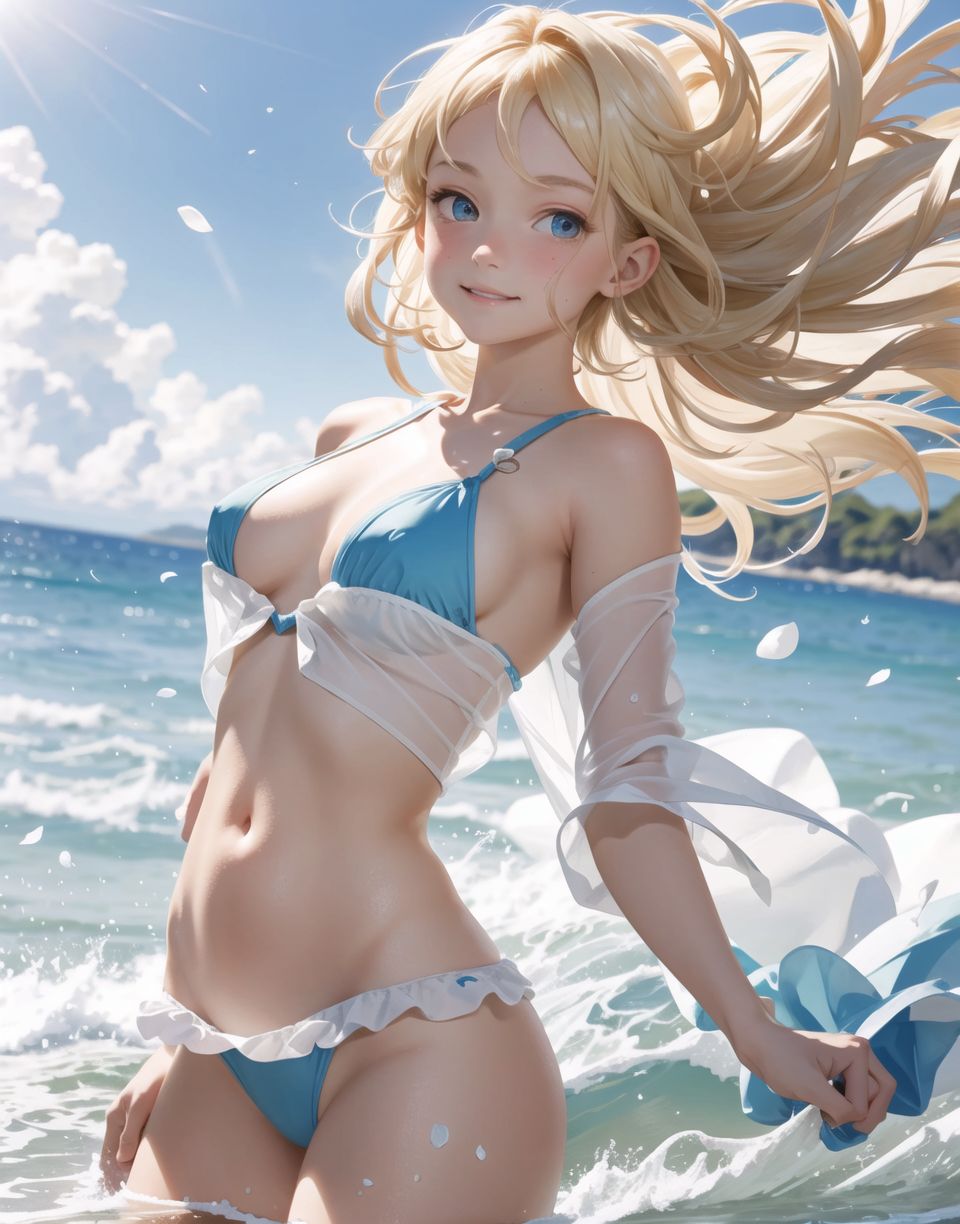 Innocent and charming 16-year-old elf girl,
Innocent, youthful expression, gentle smile, blushing soft cheeks, shy attitude,

Idol-like smile,

Bright green eyes, shining with purity,
Golden blonde hair, stylish short cut, delicate flow of hair,

((Sunny, dark-coloured blue sky,))
Southern island coast,
Beautiful sandy beach,
The shimmering horizon,
Beautiful light blue petals,
Photographic clouds,

A gentle smile, 
The strong sunshine, 
Hair blowing in the wind,

soft natural light,
Mature body, Big tits, 
Mature swimming costume,
Her nipples are transparent,
Navel not transparent,
serenity and joy are evident in her surroundings and expression,


Blake,
She faces the camera, makes eye contact and embodies childlike wonder,

Cowboy shot,
Soft, natural posture, youthful and graceful shot,

Blake ,
A slight tilt of the head, flirtatious eyes, the ideal blend of innocence and enchantment,
Elements of boy's fashion, fresh, pure pose, exuding natural charm,

Blake, 
The low angle emphasises her cuteness and highlights the delicate textures of her hair and clothing,
Natural light casts soft shadows and emphasises the youthful contours of her face,

Blake ,
Depth of field brings her into sharp focus and the outstanding depth blur (((f1.2 lens))) creates a dreamy background,
Ultra-high resolution captures every detail, from individual strands of hair to the intricate fabrics of her costume,
Professional-grade clarity and contrast bring vibrant colours to life,