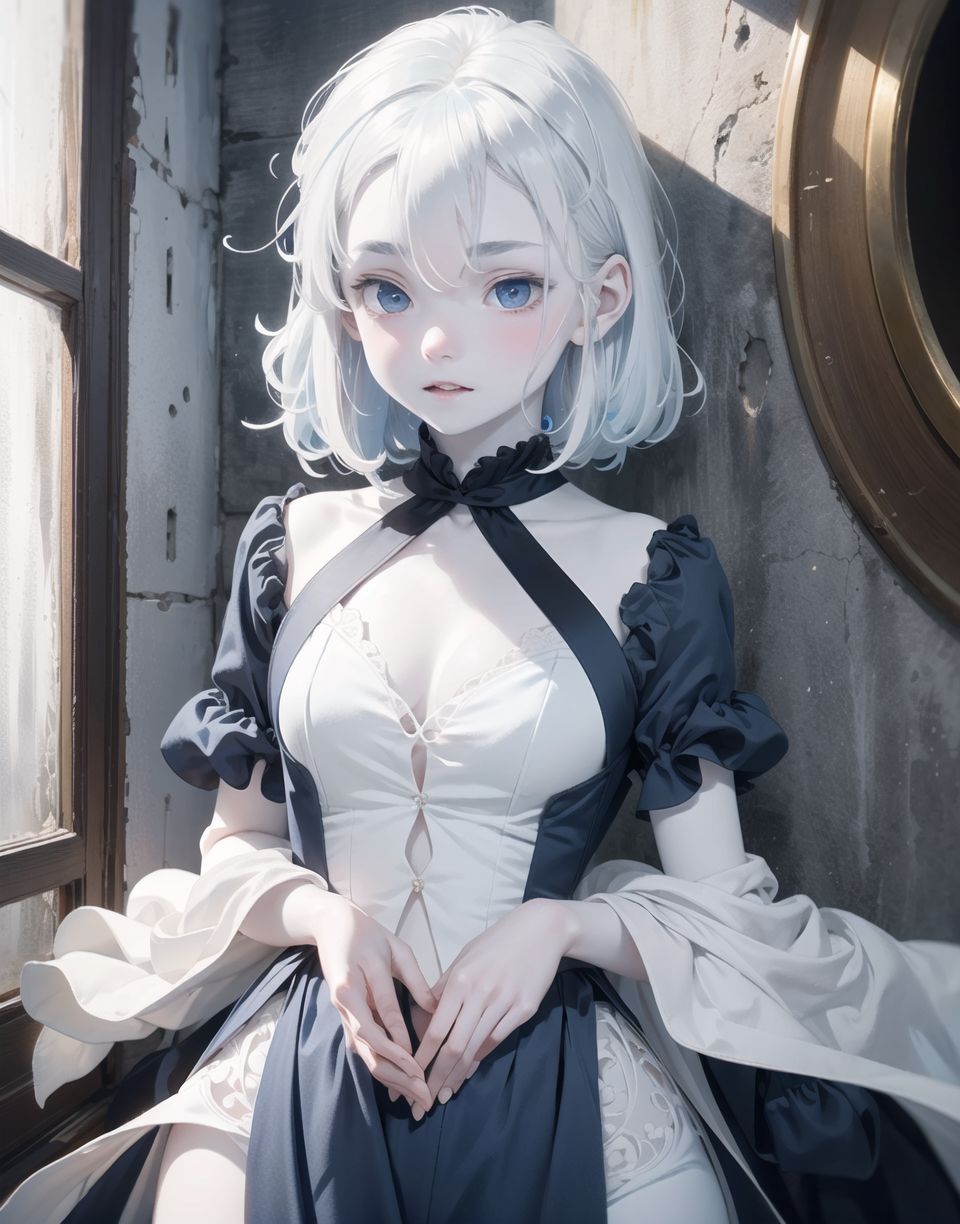 Innocent and charming 16-year-old, 
((((half-human daughter,))))
(((((Pale blue skin,)))))

Frail, ephemeral, shy, innocent, shy, sweet, sensitive,
soft cheeks, shy demeanour,

Slight smile,

Red eyes shining with purity,
Stylish short cut, delicate flow of hair,
dark blue costume, white hair,