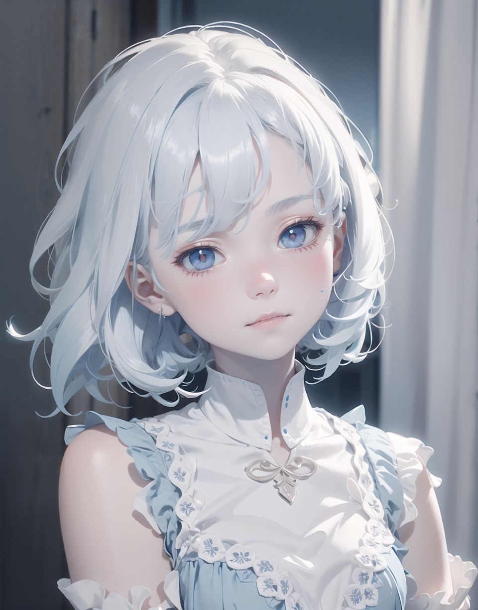 Innocent and charming 16-year-old, 
((((half-human daughter,))))
(((((Pale blue skin,)))))

Frail, ephemeral, shy, innocent, shy, sweet, sensitive,
soft cheeks, shy demeanour,

Slight smile,

Red eyes shining with purity,
Stylish short cut, delicate flow of hair,
dark blue costume, white hair,