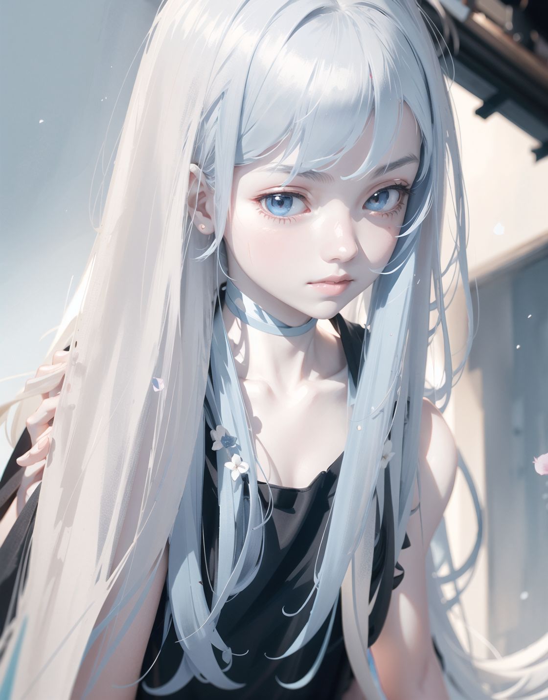 one girl,
(((((pale blue skin,)))))
((((Pale blue world,))))

Frail, ephemeral, shy, innocent, shy, sweet, sensitive
Soft cheeks, shy demeanour, shy
ethereal,

Her silvery white hair flows and sparkles,
Her mesmerising azure eyes,


Slight smile,.

Her expression is serene, yet sad and deep with a story to tell,


Blake, 

Shading in hair, textured clothing, natural light emphasising shadows, 
Focus on face, shallow depth of field, f/1.2 lens, high resolution, depth blur, 
Detailed CG, Pale blue colours, professional quality,