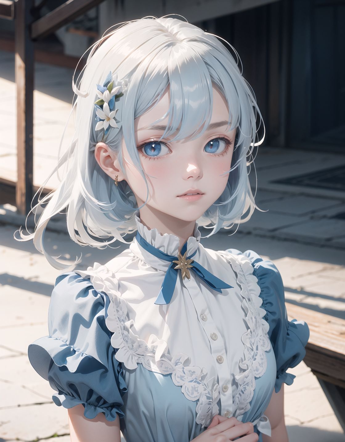 Innocent and charming 16-year-old,
((((half-human daughter,))))
(((((Pale blue skin,)))))

Frail, ephemeral, shy, innocent, shy, sweet, sensitive,
soft cheeks, shy demeanour,

Slight smile,

Red eyes shining with purity,
Stylish short cut, delicate flow of hair,
dark blue costume, white hair,

Blake, 
Facing the camera, making eye contact, embodying childlike wonder,

Cowboy shot,
Soft, natural posture, youthful, graceful shot,

BLAKE, 
slightly craned neck, flirtatious eyes, an ideal blend of innocence and enchantment,
Elements of Lolita fashion, fresh and pure poses, exuding natural charm,

Blake, 
The low angle emphasises her kawaii and highlights the fine textures of her hair and clothes,
Natural light casts soft shadows and highlights the contours of her youthful face,

BLAKE, 
Depth of field brings her into sharp focus, creating a dreamy background with outstanding depth blur ((f1.2 lens)),
Ultra-high resolution, capturing every detail from individual strands of hair to the intricate fabrics of her costume,
Professional-grade clarity and contrast bring the vibrant colours to life,