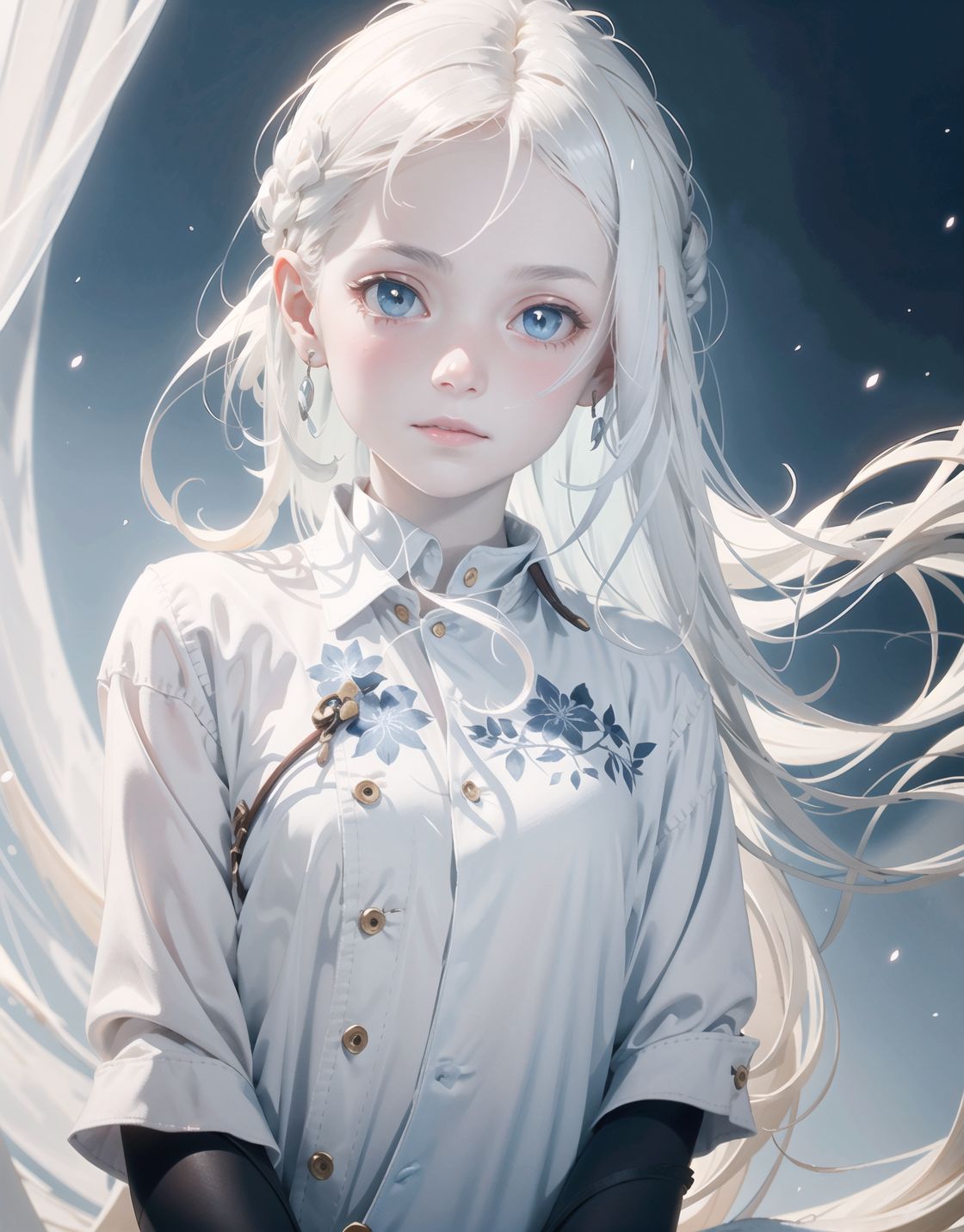 one girl,
(((((pale blue skin,)))))
((((Pale blue world,))))

Frail, ephemeral, shy, innocent, shy, sweet, sensitive
Soft cheeks, shy demeanour, shy
ethereal,

Her silvery white hair flows and sparkles,
Her mesmerising azure eyes,


Slight smile,.

Her expression is serene, yet sad and deep with a story to tell,


Blake, 

Shading in hair, textured clothing, natural light emphasising shadows, 
Focus on face, shallow depth of field, f/1.2 lens, high resolution, depth blur, 
Detailed CG, Pale blue colours, professional quality,