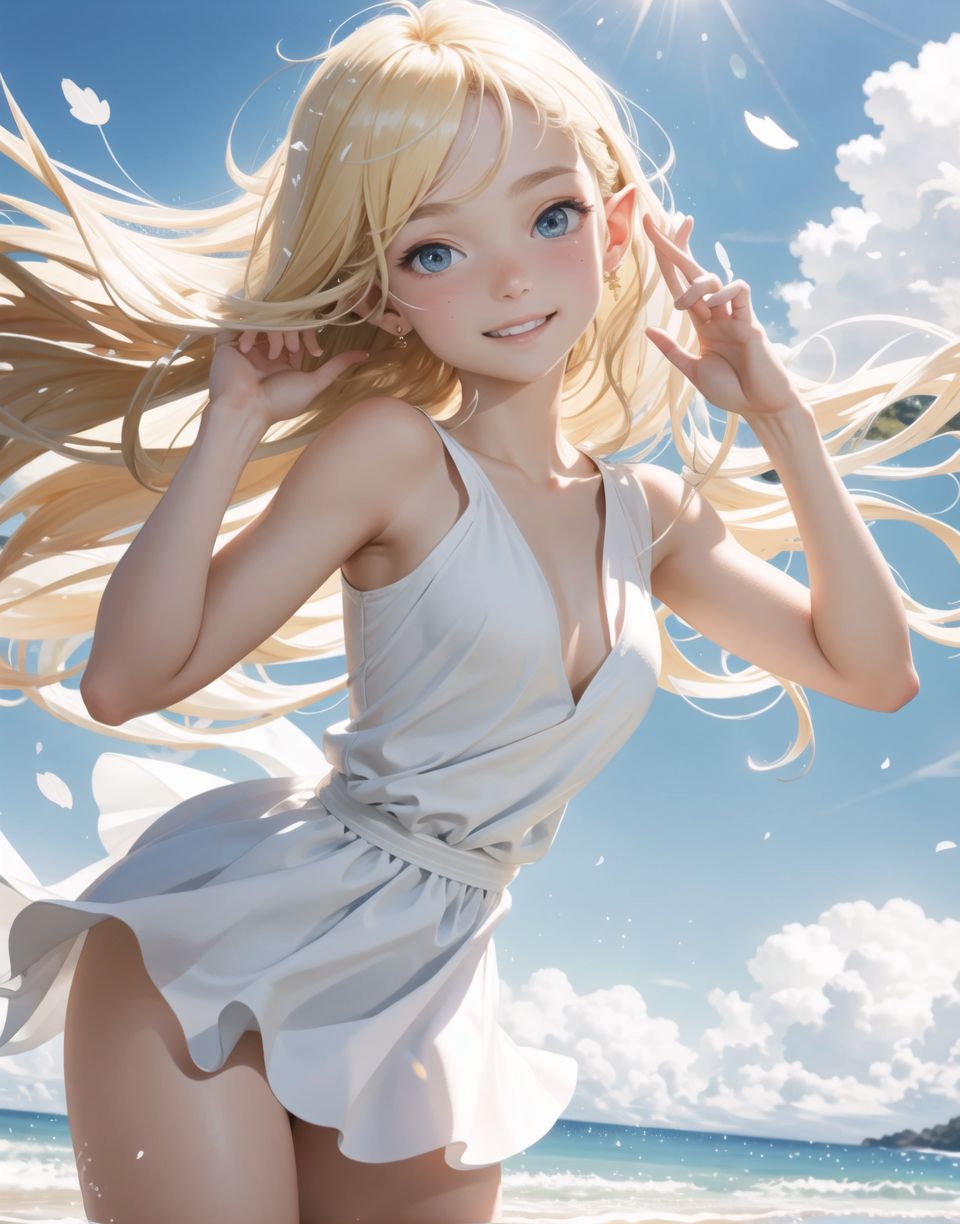 Innocent and charming 16 year old elf girl, completely naked,
Innocent, youthful expression, gentle smile, blushing soft cheeks, shy attitude,

Idol-like smile,

Bright green eyes, shining with purity,
Golden blonde hair, stylish short cut, delicate flow of hair,

((Sunny, dark-coloured blue sky,))
Southern island coast,
Beautiful sandy beach,
The shimmering horizon,
Beautiful light blue petals,
Photographic clouds,

A gentle smile, 
The strong sunshine, 
Hair blowing in the wind,

soft natural light,
Big boobs,
Glamour and joy are evident in her environment and expression,


Blake,
She faces the camera, makes eye contact and embodies fresh surprises,

Cowboy shot,
Soft, natural posture, youthful and graceful shot,

Blake ,
A slight tilt of the head, flirtatious eyes, the ideal blend of innocence and enchantment,
elements of adult video, fresh, pure poses, exuding natural charm,

Blake, 
The low angle emphasises her cuteness and highlights the delicate texture of her skin and body hair,
Natural light casts soft shadows and emphasises the youthful contours of her face,

Blake ,
Depth of field brings her into sharp focus and the outstanding depth blur (((f1.2 lens))) creates a dreamy background,
Ultra-high resolution captures every detail, down to the ground, even individual pubic hairs,
Professional-grade clarity and contrast bring vibrant colours to life,