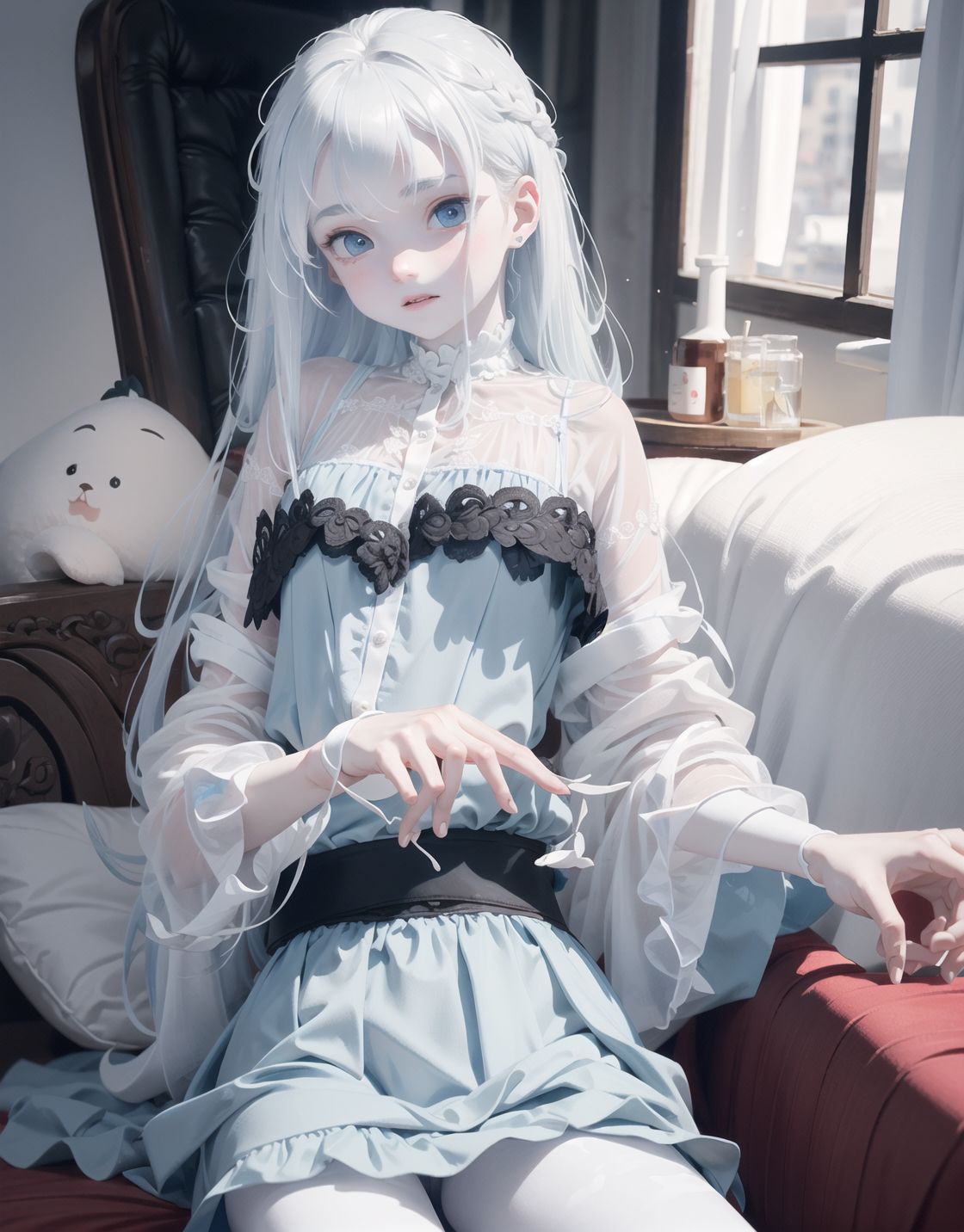 Innocent and charming 16-year-old, 
((((half-human daughter,))))
(((((Pale blue skin,)))))

Frail, ephemeral, shy, innocent, shy, sweet, sensitive,
soft cheeks, shy demeanour,

Slight smile,

Red eyes shining with purity,
Stylish short cut, delicate flow of hair,
dark blue costume, white hair,