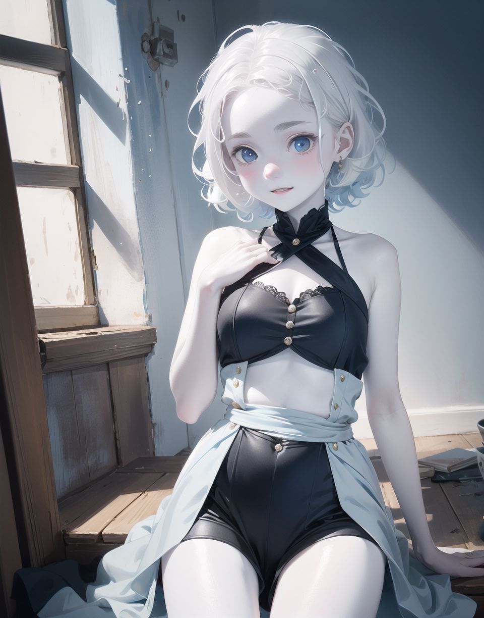 Innocent and charming 16-year-old, 
((((half-human daughter,))))
(((((Pale blue skin,)))))

Frail, ephemeral, shy, innocent, shy, sweet, sensitive,
soft cheeks, shy demeanour,

Idol-like smile,

Red eyes shining with purity,
Stylish short cut, delicate flow of hair,
dark blue costume, white hair,