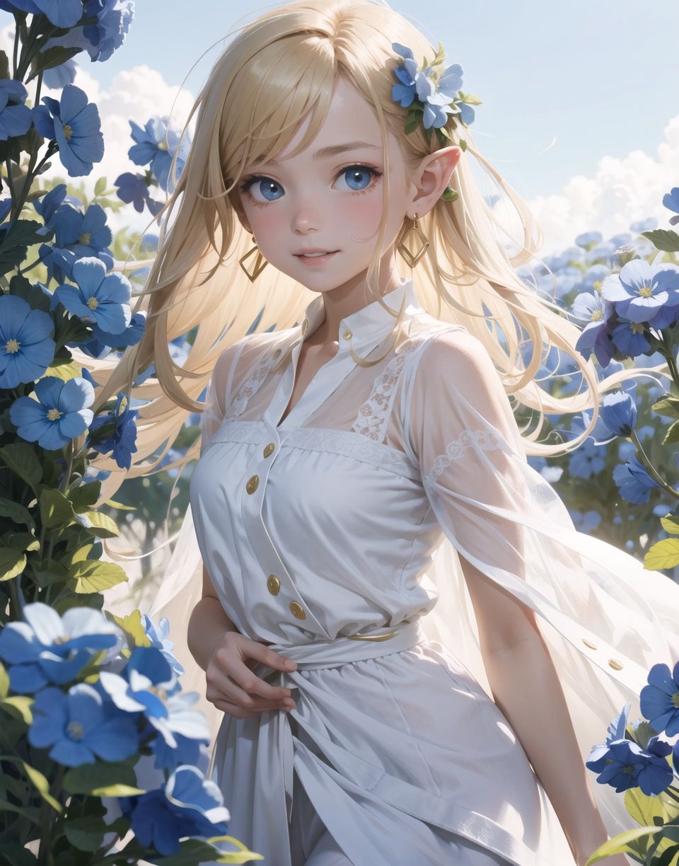 Innocent and charming 16-year-old elf girl,
Innocent, youthful expression, gentle smile, blushing soft cheeks, shy attitude,

Idol-like smile,

Bright green eyes, shining with purity,
Golden blonde hair, stylish short cut, delicate flow of hair,

((Sunny, dark-coloured blue sky,))
Nemophila in full bloom, Hitachi-Keihin Park,
Gentle smile, 
Strong sunshine, 
Hair blowing in the wind,

Soft natural light,
Nemophila-themed accessories and casually visible elf earrings,
serenity and joy, evident in her surroundings and expression,


Blake. 
She faces the camera, makes eye contact and embodies childlike wonder,

Cowboy shot,
Soft, natural posture, youthful and graceful shot,

Blake. 
Slightly tilted head, flirtatious eyes, ideal blend of innocence and enchantment,
Elements of boy's fashion, fresh, pure pose, exuding natural charm,

Blake, 
High angles emphasise her cuteness and highlight the delicate textures of her hair and clothing,
The natural light casts soft shadows and accentuates the youthful contours of her face,

Blake. 
The depth of field brings her into sharp focus and the outstanding depth blur ((f1.2 lens)) creates a dreamy background,
Ultra-high resolution captures every detail, from individual strands of hair to the intricate fabrics of her costume,
Professional-grade clarity and contrast bring the vibrant colours to life,