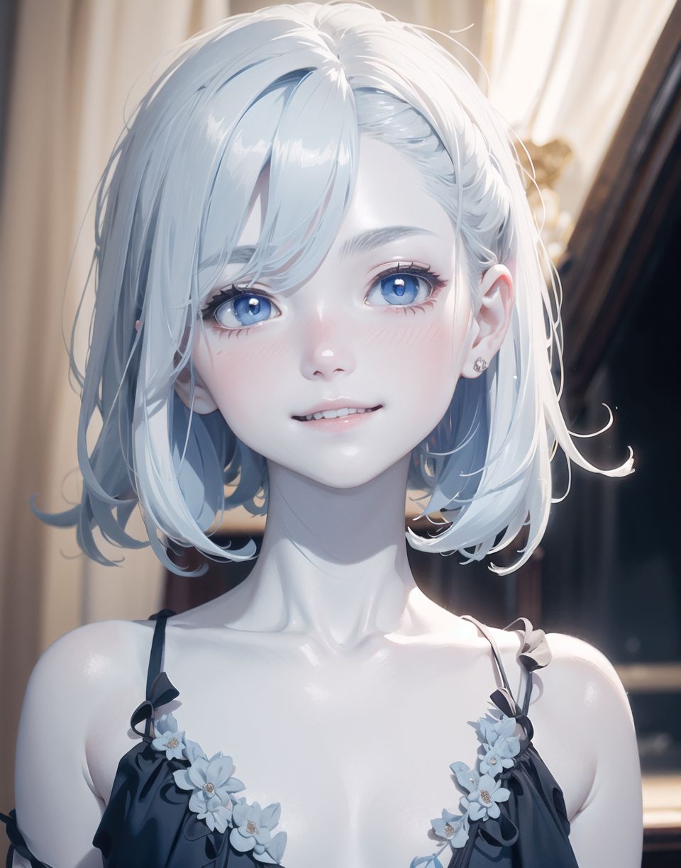 Innocent and charming 16-year-old, 
((((half-human daughter,))))
(((((Pale blue skin,)))))

Innocent, youthful expression, gentle smile, 
blushed soft cheeks, shy demeanour,

Idol-like smile,

Red eyes shining with purity,
Stylish short cut, delicate flow of hair,
dark blue costume, white hair,