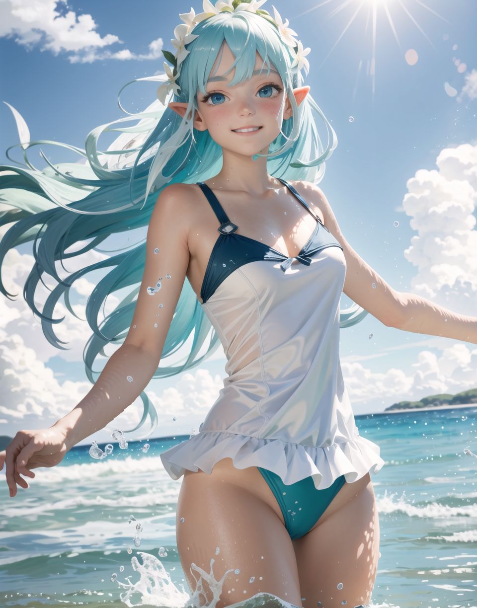 Innocent and charming 16-year-old elf girl,
Innocent, youthful expression, gentle smile, blushing soft cheeks, shy attitude,

Idol-like smile,

Bright green eyes, shining with purity,
(((Colourful separates, swimming costume,))) 
Elaborate design,
Transparent material,
Green hair, stylish short cut, delicate flow of hair,

((Sunny, dark-coloured blue sky,))
Southern island coast,
Beautiful sandy beach,
The shimmering horizon,
Photographic clouds,

A gentle smile, 
The strong sunshine, 
Hair blowing in the wind,

Strong equatorial natural light,
Strong contrasts,
Dark, dark shadows fall,
Reflections of sunlight shining white,
Big boobs,
Glamour and joy are evident in her environment and expression,


Blake,
She faces the camera, makes eye contact and embodies fresh surprises,

Cowboy shot,
Soft, natural posture, youthful and graceful shot,

Blake ,
A slight tilt of the head, flirtatious eyes, the ideal blend of innocence and enchantment,
Pedophilia elements, fresh, pure pose, exuding natural charm,

Blake, 
The low angle emphasises her cuteness and highlights the delicate textures of her clothes and hair,
Natural light casts soft shadows and emphasises the youthful contours of her face,

Blake ,
Depth of field brings her into sharp focus and the outstanding depth blur (((f1.2 lens))) creates a dreamy background,
Ultra-high resolution captures every detail, down to the ground, hair by hair,
Professional-grade clarity and contrast bring vibrant colours to life,