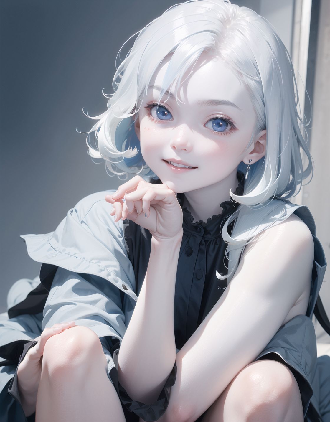 Innocent and charming 16-year-old, 
((((half-human daughter,))))
(((((Pale blue skin,)))))

Innocent, youthful expression, gentle smile, 
soft cheeks, shy demeanour,

Idol-like smile,

Red eyes shining with purity,
Stylish short cut, delicate flow of hair,
dark blue costume, white hair,