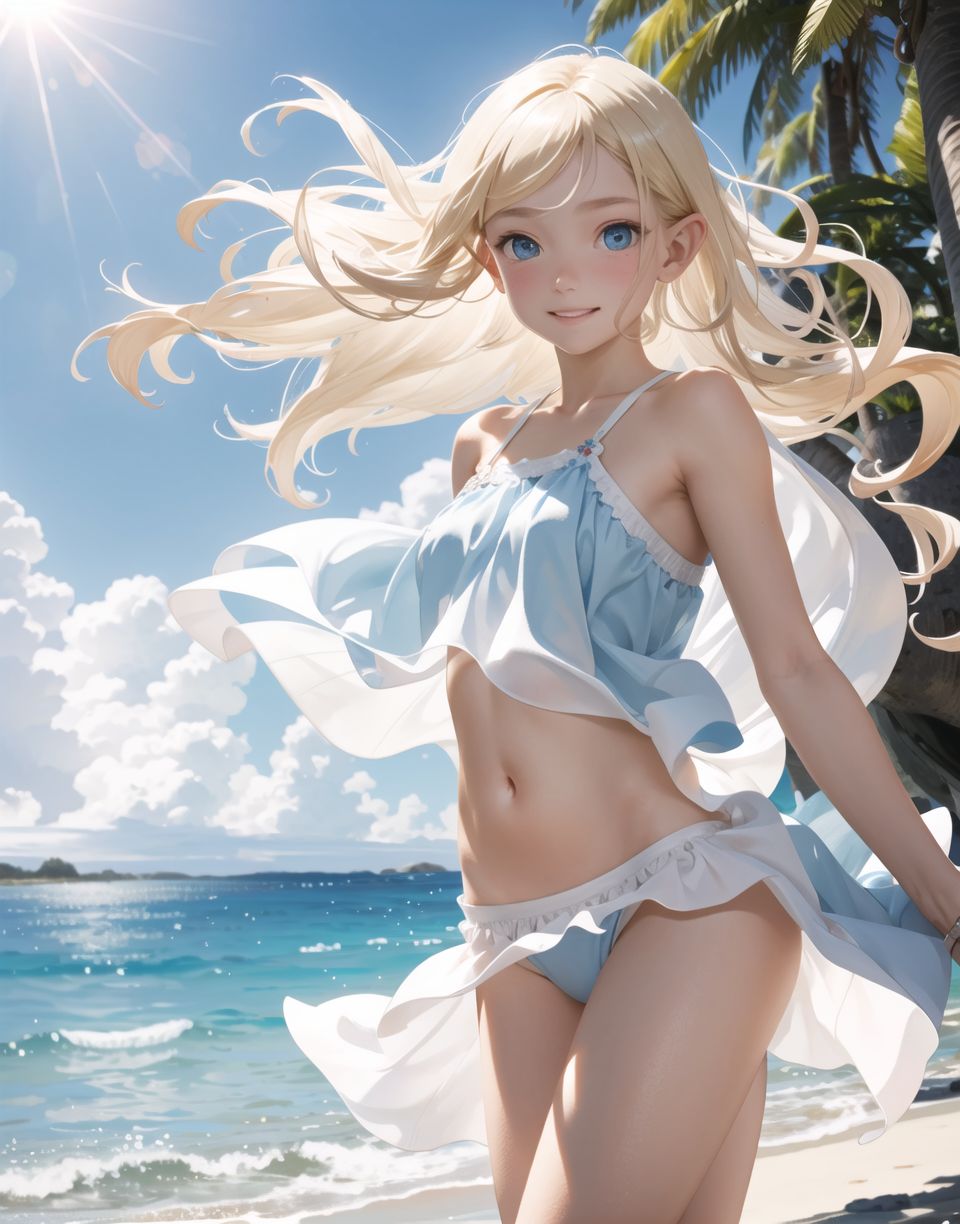 Innocent and charming 16-year-old elf girl,
Innocent, youthful expression, gentle smile, blushing soft cheeks, shy attitude,

Idol-like smile,

Bright green eyes, shining with purity,
Golden blonde hair, stylish short cut, delicate flow of hair,

((Sunny, dark-coloured blue sky,))
Southern island coast,
Beautiful sandy beach,
The shimmering horizon,
Beautiful light blue petals,
Photographic clouds,

A gentle smile, 
The strong sunshine, 
Hair blowing in the wind,

soft natural light,
Mature body, Big tits, 
Mature swimming costume,
Her nipples are transparent,
Navel not transparent,
serenity and joy are evident in her surroundings and expression,


Blake,
She faces the camera, makes eye contact and embodies childlike wonder,

Cowboy shot,
Soft, natural posture, youthful and graceful shot,

Blake ,
A slight tilt of the head, flirtatious eyes, the ideal blend of innocence and enchantment,
Elements of boy's fashion, fresh, pure pose, exuding natural charm,

Blake, 
The low angle emphasises her cuteness and highlights the delicate textures of her hair and clothing,
Natural light casts soft shadows and emphasises the youthful contours of her face,

Blake ,
Depth of field brings her into sharp focus and the outstanding depth blur (((f1.2 lens))) creates a dreamy background,
Ultra-high resolution captures every detail, from individual strands of hair to the intricate fabrics of her costume,
Professional-grade clarity and contrast bring vibrant colours to life,