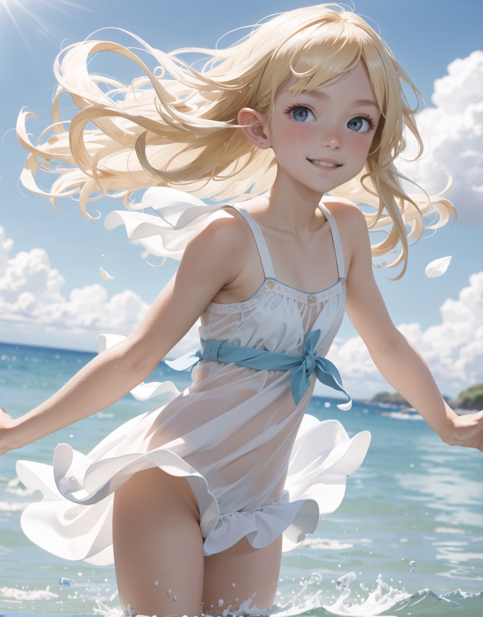 Innocent and charming 16-year-old elf girl,
Innocent, youthful expression, gentle smile, blushing soft cheeks, shy attitude,

Idol-like smile,

Bright green eyes, shining with purity,
Golden blonde hair, stylish short cut, delicate flow of hair,

((Sunny, dark-coloured blue sky,))
Southern island coast,
Beautiful sandy beach,
The shimmering horizon,
Beautiful light blue petals,
Picturesque clouds,

A gentle smile, 
The strong sunshine, 
Hair blowing in the wind,

soft natural light,
childlike swimming costume,
serenity and joy are evident in her surroundings and expression,


Blake,
She faces the camera, makes eye contact and embodies childlike wonder,

Cowboy shot,
Soft, natural posture, youthful and graceful shot,

Blake ,
A slight tilt of the head, flirtatious eyes, the ideal blend of innocence and enchantment,
Elements of boy's fashion, fresh, pure pose, exuding natural charm,

Blake, 
The low angle emphasises her cuteness and highlights the delicate textures of her hair and clothing,
Natural light casts soft shadows and emphasises the youthful contours of her face,

Blake ,
Depth of field brings her into sharp focus and the outstanding depth blur (((f1.2 lens))) creates a dreamy background,
Ultra-high resolution captures every detail, from individual strands of hair to the intricate fabrics of her costume,
Professional-grade clarity and contrast bring vibrant colours to life,