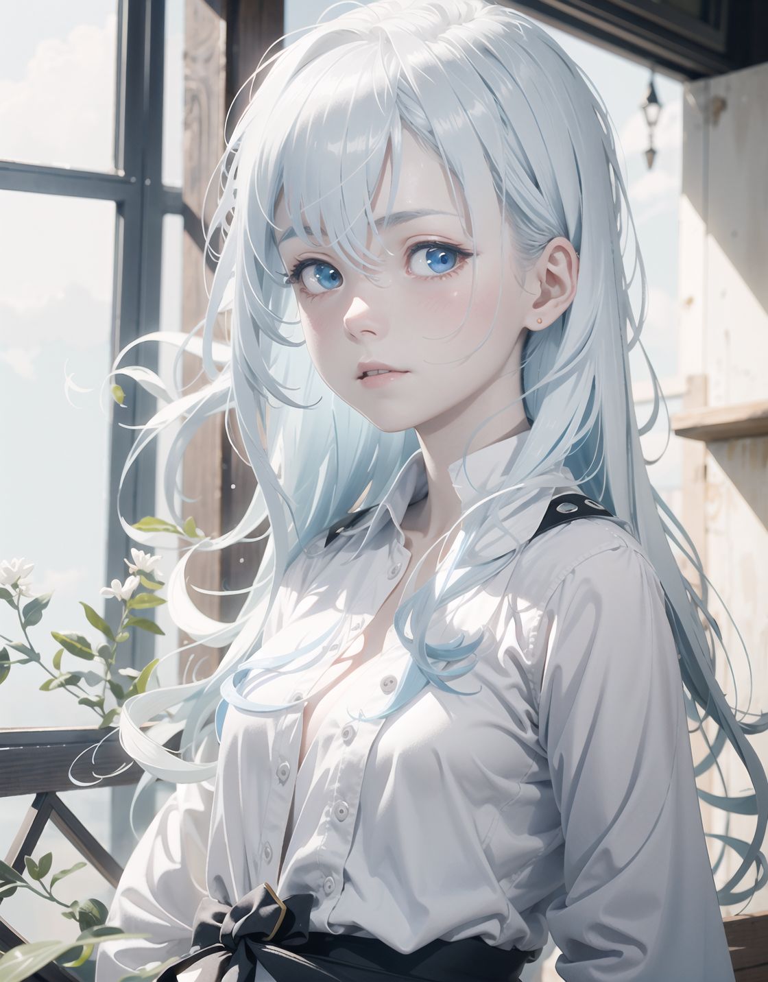 one girl,
(((((pale blue skin,)))))
((((Pale blue world,))))

Frail, ephemeral, shy, innocent, shy, sweet, sensitive
Soft cheeks, shy demeanour, shy
ethereal,

Her silvery white hair flows and sparkles,
Her mesmerising azure eyes,


Slight smile,.

Her expression is serene, yet sad and deep with a story to tell,


Blake, 

Shading in hair, textured clothing, natural light emphasising shadows, 
Focus on face, shallow depth of field, f/1.2 lens, high resolution, depth blur, 
Detailed CG, Pale blue colours, professional quality,