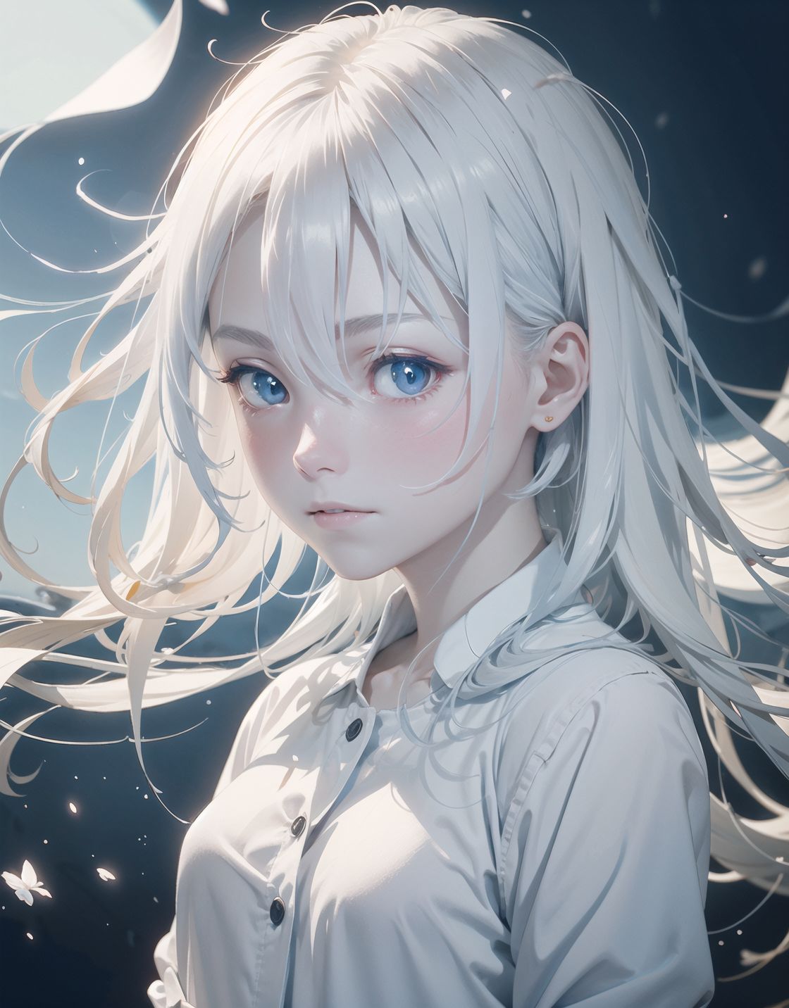 one girl,
(((((pale blue skin,)))))
((((Pale blue world,))))

Frail, ephemeral, shy, innocent, shy, sweet, sensitive
Soft cheeks, shy demeanour, shy
ethereal,

Her silvery white hair flows and sparkles,
Her mesmerising azure eyes,


Slight smile,.

Her expression is serene, yet sad and deep with a story to tell,


Blake, 
cowboy-shot, 
Shading in hair, textured clothing, natural light emphasising shadows, 
Focus on face, shallow depth of field, f/1.2 lens, high resolution, depth blur, 
Detailed CG, Pale blue colours, professional quality,