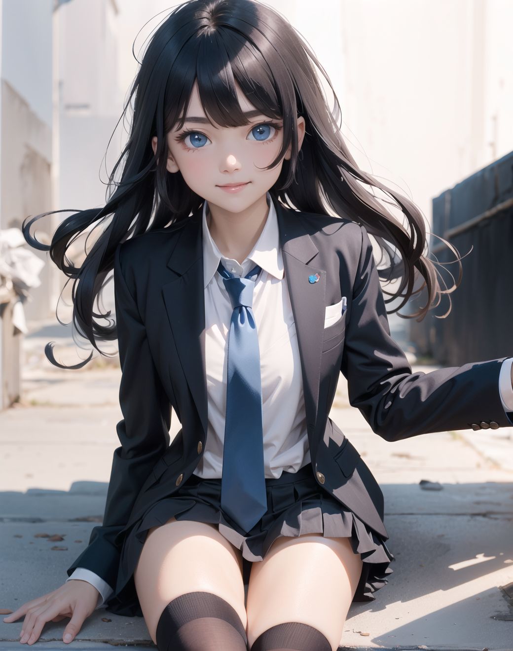 (Masterpiece)), ((Top quality)), (Character design sheet, same character, front, side, back), hair in the eyes, beautiful eyes, environmental changes, pose, (simple background, black hair, long hair, blue eyes, clear face, smile, staring eyes, blazer, dress shirt, blue tie, pleated skirt, black knee socks, pumps

BLAKE, 
Close-up shot, Low angles, taken to show her in the lead role,
turn to look at us and make eye contact with us,
A captivating look,
Photogenic,
Attractive appearance,
Innocence,
Flirtatious expression,
Lolita taste,
Pure and innocent girl,
Fresh pose,