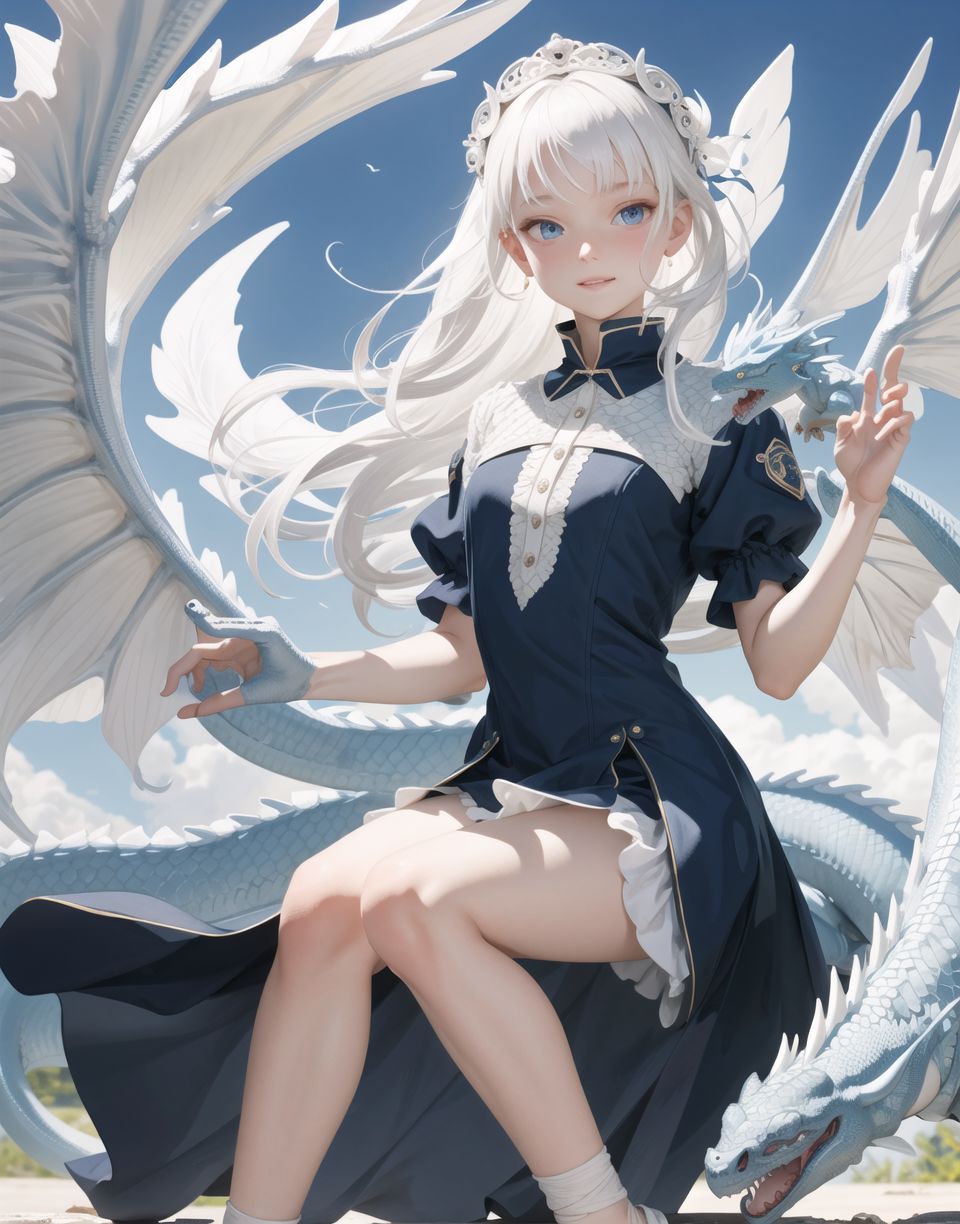 Innocent and charming 16-year-old half-dragon, half-human daughter,
Pale blue skin,
(((( can be seen with scaly skin on her hands and feet, ))))
Long tail,
small dragon wings,
prominent double teeth,

Innocent, youthful expression, gentle smile, blushed soft cheeks, shy demeanour,

Idol-like smile,

Red eyes shining with purity,
Stylish short cut, delicate flow of hair,
dark blue costume, white hair,

Blake,
She faces the camera, makes eye contact, embodies childlike wonder,

Cowboy shot,
Soft, natural posture, youthful, graceful shot,

Blake ,
Slightly tilted head, flirtatious eyes, the ideal blend of innocence and enchantment,
Elements of Lolita fashion, fresh, pure poses, exuding natural charm,

Blake. 
The low angle emphasises her cuteness and highlights the delicate textures of her hair and clothing,
The natural light casts soft shadows and accentuates the youthful contours of her face,

Blake,
The depth of field brings her into sharp focus and the outstanding depth blur ((f1.2 lens)) creates a dreamy background,
Ultra-high resolution captures every detail, from individual strands of hair to the intricate fabrics of her costume,
Professional-grade clarity and contrast bring vibrant colours to life,