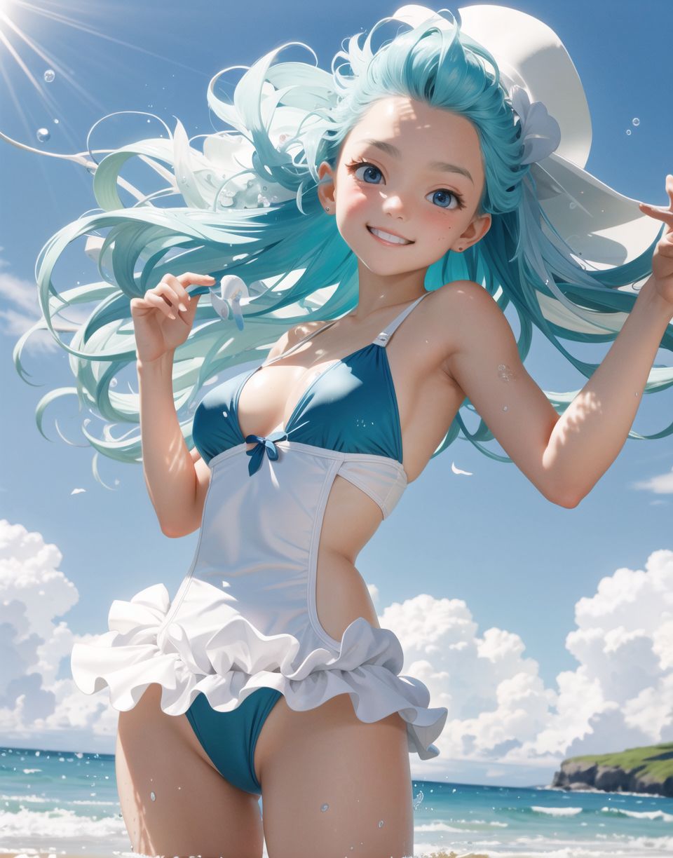 Innocent and charming 16-year-old elf girl,
Innocent, youthful expression, gentle smile, blushing soft cheeks, shy attitude,

Idol-like smile,

Bright green eyes, shining with purity,
(((Colourful separates, swimming costume,))) 
Elaborate design,
Transparent material,
Turquoise hair, stylish short cut, delicate flow of hair,

((Sunny, dark-coloured blue sky,))
Southern island coast,
Beautiful sandy beach,
The shimmering horizon,
Photographic clouds,

A gentle smile, 
The strong sunshine, 
Hair blowing in the wind,

Strong equatorial natural light,
Strong contrasts,
Dark, dark shadows fall,
Reflections of sunlight shining white,
Big boobs,
Glamour and joy are evident in her environment and expression,


Blake,
She faces the camera, makes eye contact and embodies fresh surprises,

Cowboy shot,
Soft, natural posture, youthful and graceful shot,

Blake ,
A slight tilt of the head, flirtatious eyes, the ideal blend of innocence and enchantment,
Pedophilia elements, fresh, pure pose, exuding natural charm,

Blake, 
The low angle emphasises her cuteness and highlights the delicate textures of her clothes and hair,
Natural light casts soft shadows and emphasises the youthful contours of her face,

Blake ,
Depth of field brings her into sharp focus and the outstanding depth blur (((f1.2 lens))) creates a dreamy background,
Ultra-high resolution captures every detail, down to the ground, hair by hair,
Professional-grade clarity and contrast bring vibrant colours to life,
