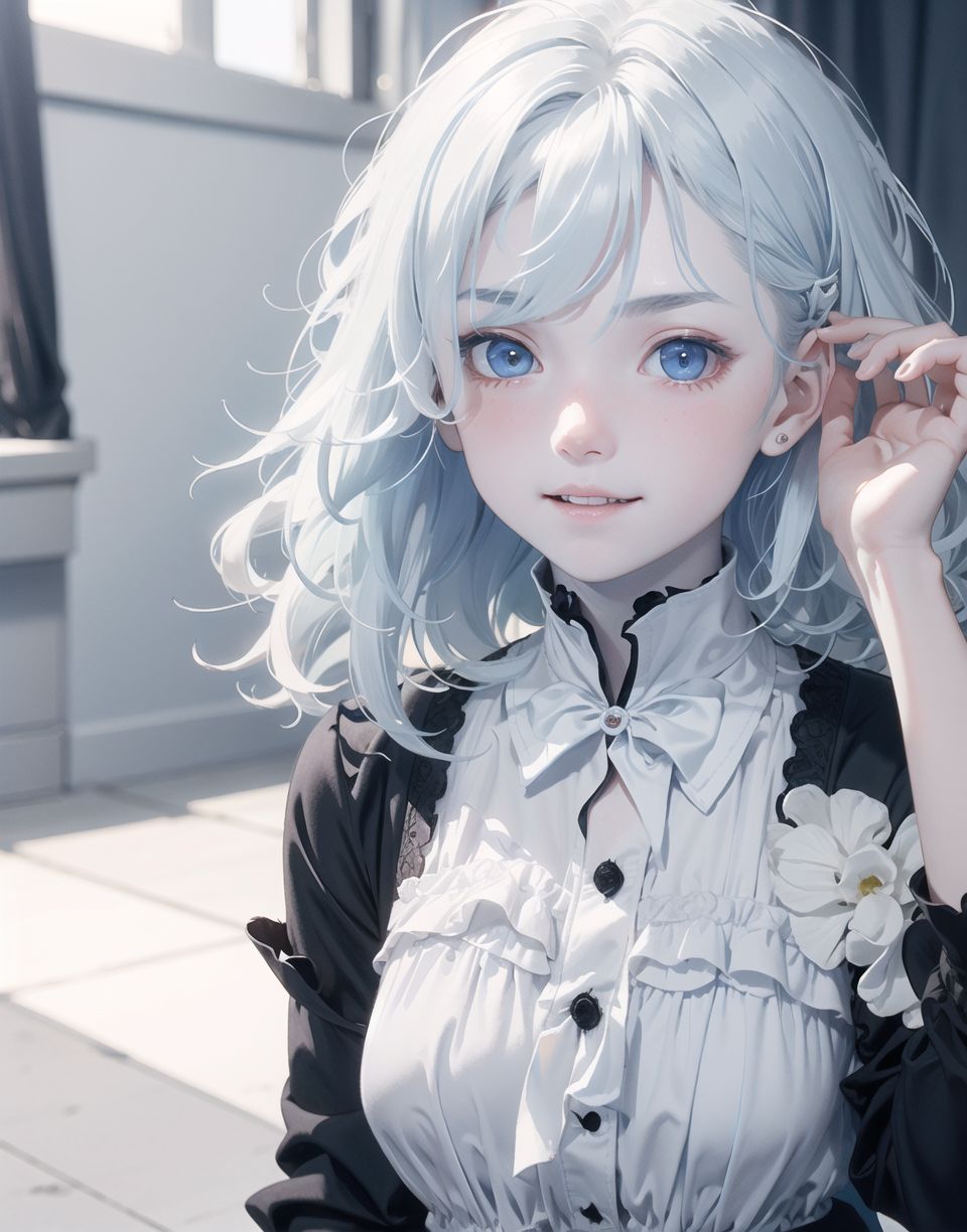 Innocent and charming 16-year-old, 
((((half-human daughter,))))
(((((Pale blue skin,)))))

Frail, ephemeral, shy, innocent, shy, sweet, sensitive,
soft cheeks, shy demeanour,

Idol-like smile,

Red eyes shining with purity,
Stylish short cut, delicate flow of hair,
dark blue costume, white hair,