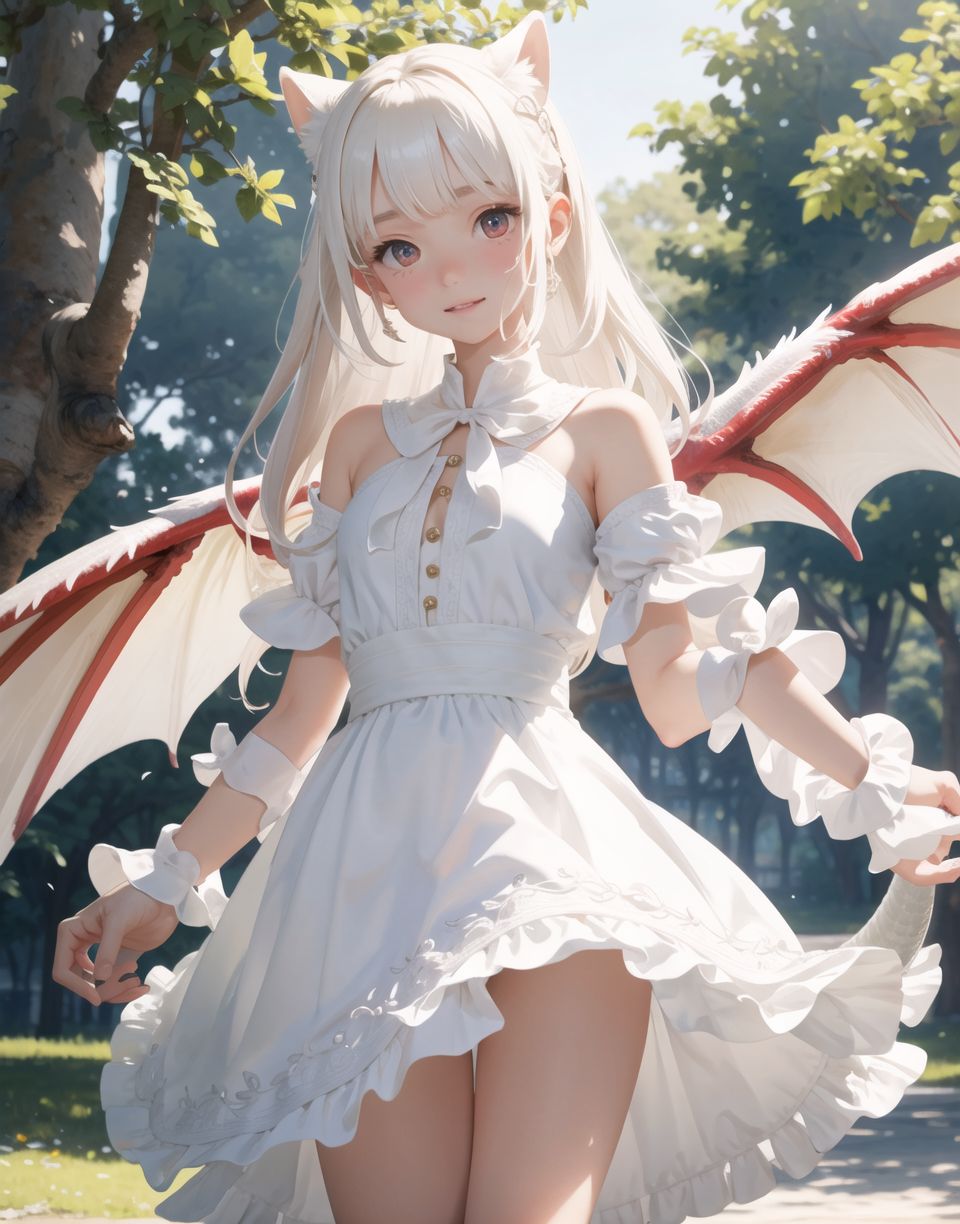 Innocent and charming 16-year-old dragon girl,
Scales on all four limbs,
Long tail,
small dragon wings,
prominent double teeth,

Innocent, youthful expression, gentle smile, blushed soft cheeks, shy demeanour,

Idol-like smile,

Red eyes shining with purity,
Stylish short cut, delicate flow of hair,


Blake,
She faces the camera, makes eye contact, embodies childlike wonder,

Cowboy shot,
Soft, natural posture, youthful, graceful shot,

Blake ,
Slightly tilted head, flirtatious eyes, the ideal blend of innocence and enchantment,
Elements of Lolita fashion, fresh, pure poses, exuding natural charm,

Blake. 
The low angle emphasises her cuteness and highlights the delicate textures of her hair and clothing,
The natural light casts soft shadows and accentuates the youthful contours of her face,

Blake,
The depth of field brings her into sharp focus and the outstanding depth blur ((f1.2 lens)) creates a dreamy background,
Ultra-high resolution captures every detail, from individual strands of hair to the intricate fabrics of her costume,
Professional-grade clarity and contrast bring vibrant colours to life,