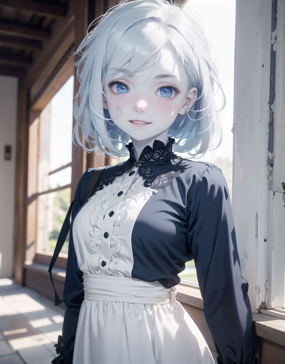 Innocent and charming 16-year-old, 
((((half-human daughter,))))
(((((Pale blue skin,)))))

Frail, ephemeral, shy, innocent, shy, sweet, sensitive,
soft cheeks, shy demeanour,

Idol-like smile,

Red eyes shining with purity,
Stylish short cut, delicate flow of hair,
dark blue costume, white hair,