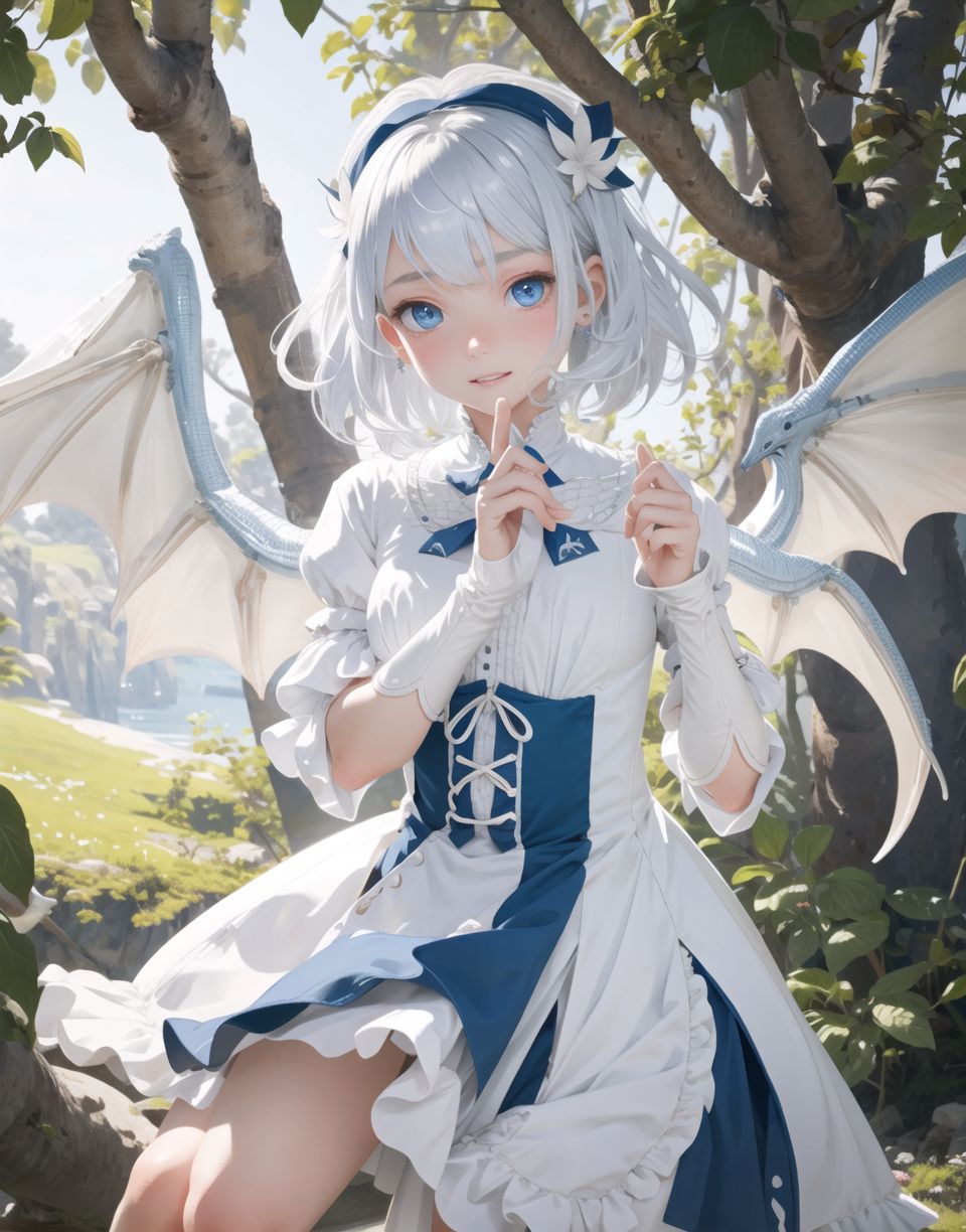 Innocent and charming 16-year-old half-dragon, half-human daughter,
Pale blue skin,
(((( can be seen with scaly skin on her hands and feet, ))))
Long tail,
small dragon wings,
prominent double teeth,

Innocent, youthful expression, gentle smile, blushed soft cheeks, shy demeanour,

Idol-like smile,

Red eyes shining with purity,
Stylish short cut, delicate flow of hair,
dark blue costume, white hair,

Blake,
She faces the camera, makes eye contact, embodies childlike wonder,

Cowboy shot,
Soft, natural posture, youthful, graceful shot,

Blake ,
Slightly tilted head, flirtatious eyes, the ideal blend of innocence and enchantment,
Elements of Lolita fashion, fresh, pure poses, exuding natural charm,

Blake. 
The low angle emphasises her cuteness and highlights the delicate textures of her hair and clothing,
The natural light casts soft shadows and accentuates the youthful contours of her face,

Blake,
The depth of field brings her into sharp focus and the outstanding depth blur ((f1.2 lens)) creates a dreamy background,
Ultra-high resolution captures every detail, from individual strands of hair to the intricate fabrics of her costume,
Professional-grade clarity and contrast bring vibrant colours to life,