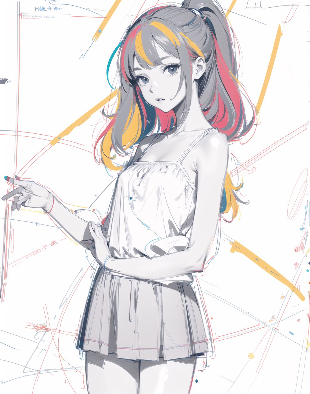 (line drawing, outline, full color, white background:1.8)
, (full body, girl, cool face, Japanese)
, modern art, concept art
, perfect lighting
, raise hand
, skirt, camisole

BLAKE, 
Close-up shot, Low angles, taken to show her in the lead role,
turn to look at us and make eye contact with us,
A captivating look,
Photogenic,
Attractive appearance,
Innocence,
Flirtatious expression,
Lolita taste,
Pure and innocent girl,
Fresh pose,