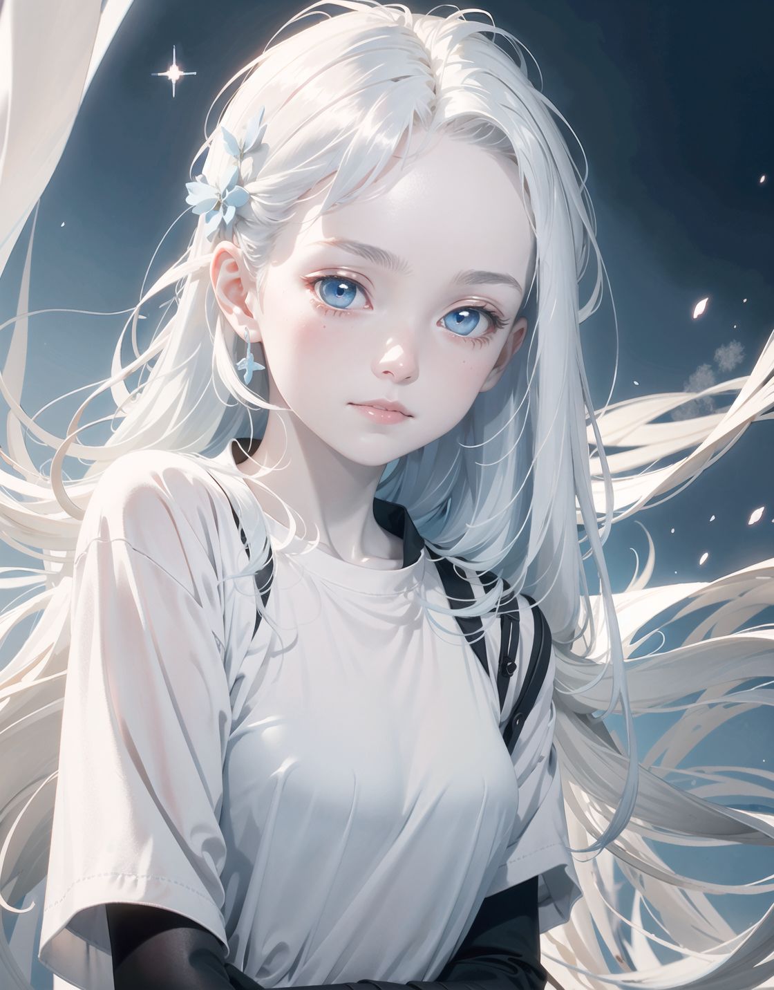 one girl,
(((((pale blue skin,)))))
((((Pale blue world,))))

Frail, ephemeral, shy, innocent, shy, sweet, sensitive
Soft cheeks, shy demeanour, shy
ethereal,

Her silvery white hair flows and sparkles,
Her mesmerising azure eyes,


Slight smile,.

Her expression is serene, yet sad and deep with a story to tell,


Blake, 

Shading in hair, textured clothing, natural light emphasising shadows, 
Focus on face, shallow depth of field, f/1.2 lens, high resolution, depth blur, 
Detailed CG, Pale blue colours, professional quality,