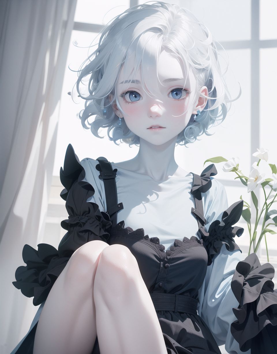 Innocent and charming 16-year-old, 
((((half-human daughter,))))
(((((Pale blue skin,)))))

Frail, ephemeral, shy, innocent, shy, sweet, sensitive,
soft cheeks, shy demeanour,

Slight smile,

Red eyes shining with purity,
Stylish short cut, delicate flow of hair,
dark blue costume, white hair,