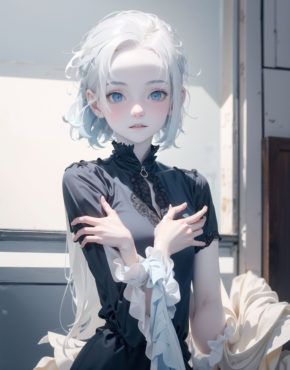 Innocent and charming 16-year-old, 
((((half-human daughter,))))
(((((Pale blue skin,)))))

Frail, ephemeral, shy, innocent, shy, sweet, sensitive,
soft cheeks, shy demeanour,

Slight smile,

Red eyes shining with purity,
Stylish short cut, delicate flow of hair,
dark blue costume, white hair,