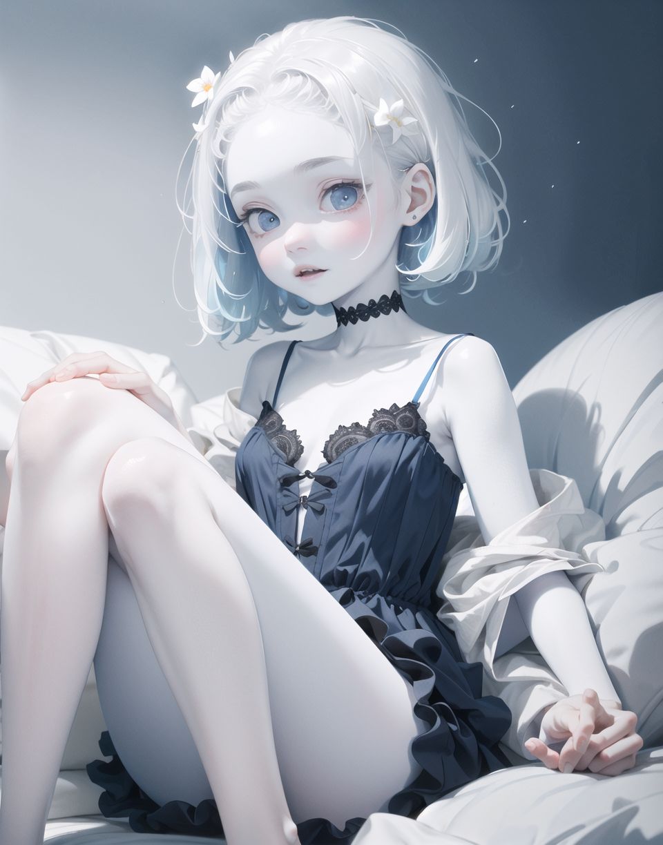 Innocent and charming 16-year-old, 
((((half-human daughter,))))
(((((Pale blue skin,)))))

Frail, ephemeral, shy, innocent, shy, sweet, sensitive,
soft cheeks, shy demeanour,

Slight smile,

Red eyes shining with purity,
Stylish short cut, delicate flow of hair,
dark blue costume, white hair,