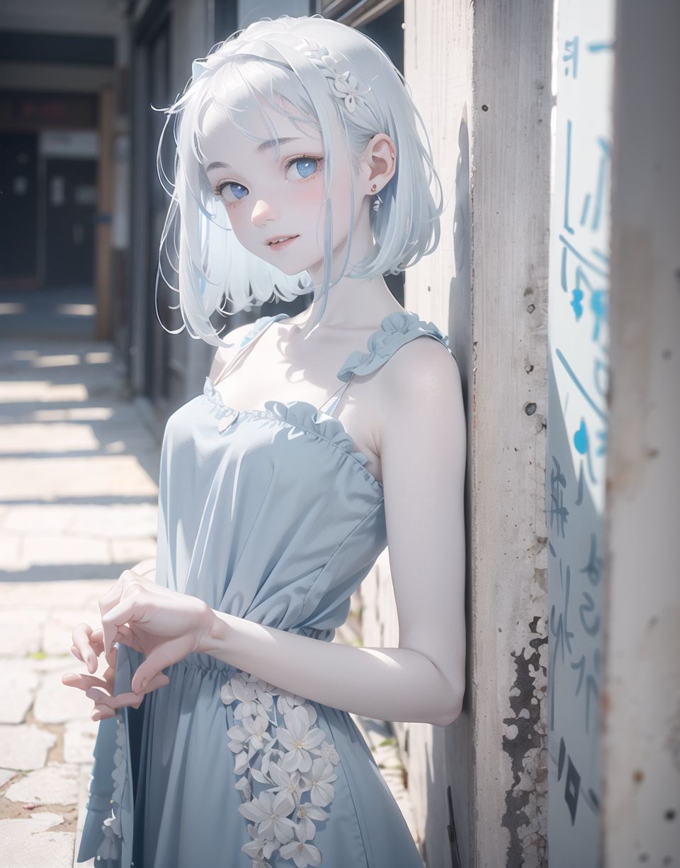 Innocent and charming 16-year-old, 
((((half-human daughter,))))
(((((Pale blue skin,)))))

Frail, ephemeral, shy, innocent, shy, sweet, sensitive,
soft cheeks, shy demeanour,

Idol-like smile,

Red eyes shining with purity,
Stylish short cut, delicate flow of hair,
dark blue costume, white hair,