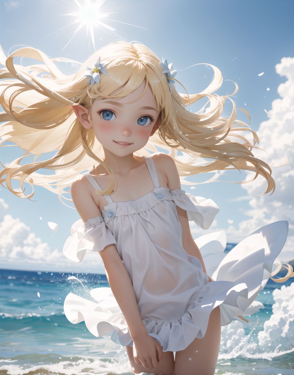Innocent and charming 16-year-old elf girl,
Innocent, youthful expression, gentle smile, blushing soft cheeks, shy attitude,

Idol-like smile,

Bright green eyes, shining with purity,
Golden blonde hair, stylish short cut, delicate flow of hair,

((Sunny, dark-coloured blue sky,))
Southern island coast,
Beautiful sandy beach,
The shimmering horizon,
Beautiful light blue petals,
Picturesque clouds,

A gentle smile, 
The strong sunshine, 
Hair blowing in the wind,

soft natural light,
childlike swimming costume,
serenity and joy are evident in her surroundings and expression,


Blake,
She faces the camera, makes eye contact and embodies childlike wonder,

Cowboy shot,
Soft, natural posture, youthful and graceful shot,

Blake ,
A slight tilt of the head, flirtatious eyes, the ideal blend of innocence and enchantment,
Elements of boy's fashion, fresh, pure pose, exuding natural charm,

Blake, 
The low angle emphasises her cuteness and highlights the delicate textures of her hair and clothing,
Natural light casts soft shadows and emphasises the youthful contours of her face,

Blake ,
Depth of field brings her into sharp focus and the outstanding depth blur (((f1.2 lens))) creates a dreamy background,
Ultra-high resolution captures every detail, from individual strands of hair to the intricate fabrics of her costume,
Professional-grade clarity and contrast bring vibrant colours to life,