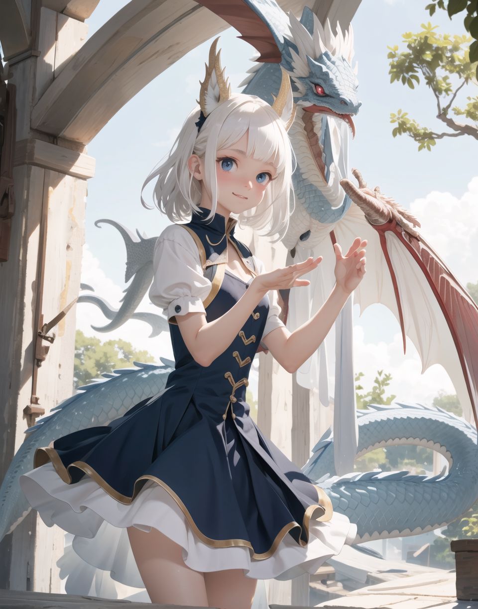 Innocent and charming 16-year-old dragon girl,
(((( can be seen with scaly skin on her hands and feet, ))))
Long tail,
small dragon wings,
prominent double teeth,

Innocent, youthful expression, gentle smile, blushed soft cheeks, shy demeanour,

Idol-like smile,

Red eyes shining with purity,
Stylish short cut, delicate flow of hair,
dark blue costume, white hair,

Blake,
She faces the camera, makes eye contact, embodies childlike wonder,

Cowboy shot,
Soft, natural posture, youthful, graceful shot,

Blake ,
Slightly tilted head, flirtatious eyes, the ideal blend of innocence and enchantment,
Elements of Lolita fashion, fresh, pure poses, exuding natural charm,

Blake. 
The low angle emphasises her cuteness and highlights the delicate textures of her hair and clothing,
The natural light casts soft shadows and accentuates the youthful contours of her face,

Blake,
The depth of field brings her into sharp focus and the outstanding depth blur ((f1.2 lens)) creates a dreamy background,
Ultra-high resolution captures every detail, from individual strands of hair to the intricate fabrics of her costume,
Professional-grade clarity and contrast bring vibrant colours to life,