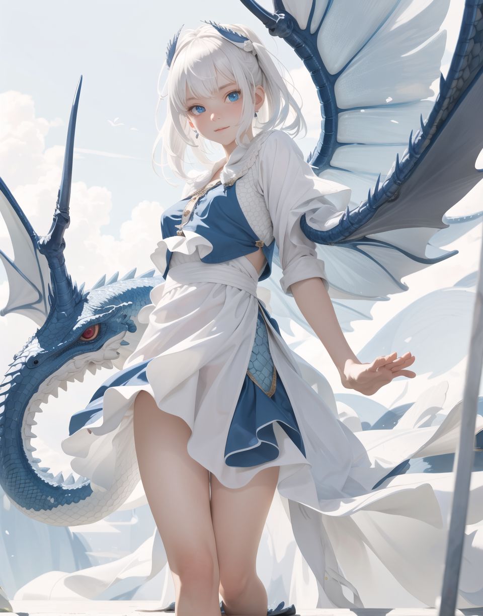 Innocent and charming 16-year-old half-dragon, half-human daughter,
Pale blue skin,
(((( can be seen with scaly skin on her hands and feet, ))))
Long tail,
small dragon wings,
prominent double teeth,

Innocent, youthful expression, gentle smile, blushed soft cheeks, shy demeanour,

Idol-like smile,

Red eyes shining with purity,
Stylish short cut, delicate flow of hair,
dark blue costume, white hair,

Blake,
She faces the camera, makes eye contact, embodies childlike wonder,

Cowboy shot,
Soft, natural posture, youthful, graceful shot,

Blake ,
Slightly tilted head, flirtatious eyes, the ideal blend of innocence and enchantment,
Elements of Lolita fashion, fresh, pure poses, exuding natural charm,

Blake. 
The low angle emphasises her cuteness and highlights the delicate textures of her hair and clothing,
The natural light casts soft shadows and accentuates the youthful contours of her face,

Blake,
The depth of field brings her into sharp focus and the outstanding depth blur ((f1.2 lens)) creates a dreamy background,
Ultra-high resolution captures every detail, from individual strands of hair to the intricate fabrics of her costume,
Professional-grade clarity and contrast bring vibrant colours to life,