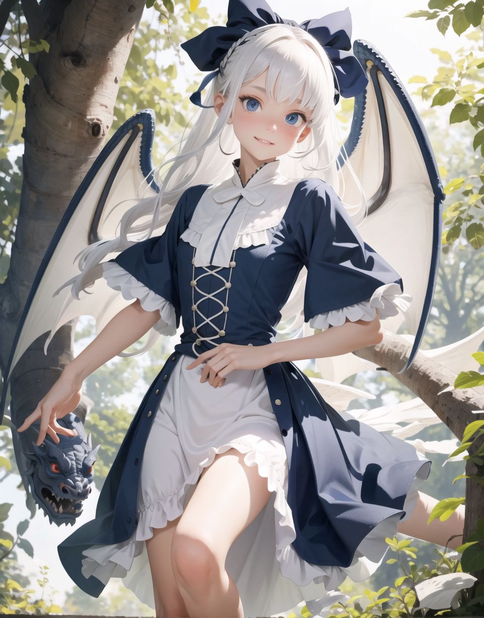 Innocent and charming 16-year-old dragon girl,
(((( can be seen with scaly skin on her hands and feet, ))))
Long tail,
small dragon wings,
prominent double teeth,

Innocent, youthful expression, gentle smile, blushed soft cheeks, shy demeanour,

Idol-like smile,

Red eyes shining with purity,
Stylish short cut, delicate flow of hair,
dark blue costume, white hair,

Blake,
She faces the camera, makes eye contact, embodies childlike wonder,

Cowboy shot,
Soft, natural posture, youthful, graceful shot,

Blake ,
Slightly tilted head, flirtatious eyes, the ideal blend of innocence and enchantment,
Elements of Lolita fashion, fresh, pure poses, exuding natural charm,

Blake. 
The low angle emphasises her cuteness and highlights the delicate textures of her hair and clothing,
The natural light casts soft shadows and accentuates the youthful contours of her face,

Blake,
The depth of field brings her into sharp focus and the outstanding depth blur ((f1.2 lens)) creates a dreamy background,
Ultra-high resolution captures every detail, from individual strands of hair to the intricate fabrics of her costume,
Professional-grade clarity and contrast bring vibrant colours to life,