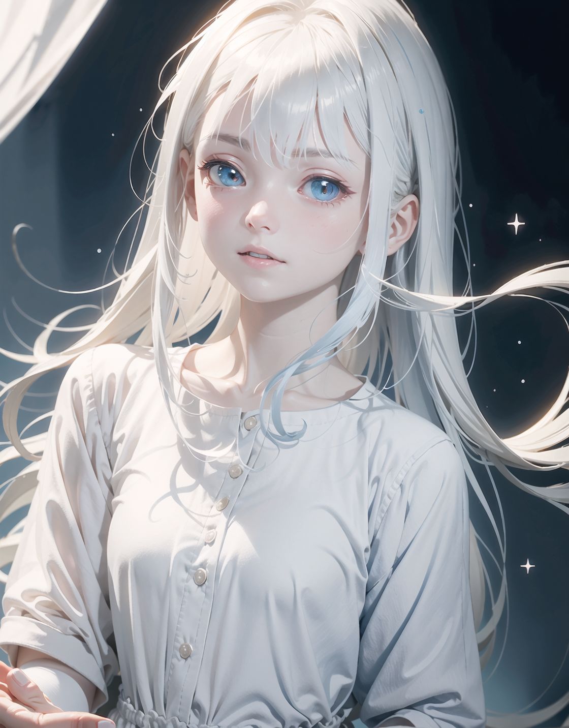 one girl,
(((((pale blue skin,)))))
((((Pale blue world,))))

Frail, ephemeral, shy, innocent, shy, sweet, sensitive
Soft cheeks, shy demeanour, shy
ethereal,

Her silvery white hair flows and sparkles,
Her mesmerising azure eyes,


Slight smile,.

Her expression is serene, yet sad and deep with a story to tell,


Blake, 

Shading in hair, textured clothing, natural light emphasising shadows, 
Focus on face, shallow depth of field, f/1.2 lens, high resolution, depth blur, 
Detailed CG, Pale blue colours, professional quality,