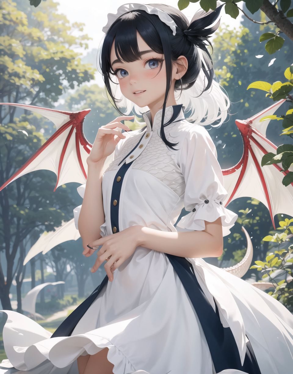 Innocent and charming 16-year-old dragon girl,
(((( can be seen with scaly skin on her hands and feet, ))))
Long tail,
small dragon wings,
prominent double teeth,

Innocent, youthful expression, gentle smile, blushed soft cheeks, shy demeanour,

Idol-like smile,

Red eyes shining with purity,
Stylish short cut, delicate flow of hair,
dark blue costume, white hair,

Blake,
She faces the camera, makes eye contact, embodies childlike wonder,

Cowboy shot,
Soft, natural posture, youthful, graceful shot,

Blake ,
Slightly tilted head, flirtatious eyes, the ideal blend of innocence and enchantment,
Elements of Lolita fashion, fresh, pure poses, exuding natural charm,

Blake. 
The low angle emphasises her cuteness and highlights the delicate textures of her hair and clothing,
The natural light casts soft shadows and accentuates the youthful contours of her face,

Blake,
The depth of field brings her into sharp focus and the outstanding depth blur ((f1.2 lens)) creates a dreamy background,
Ultra-high resolution captures every detail, from individual strands of hair to the intricate fabrics of her costume,
Professional-grade clarity and contrast bring vibrant colours to life,