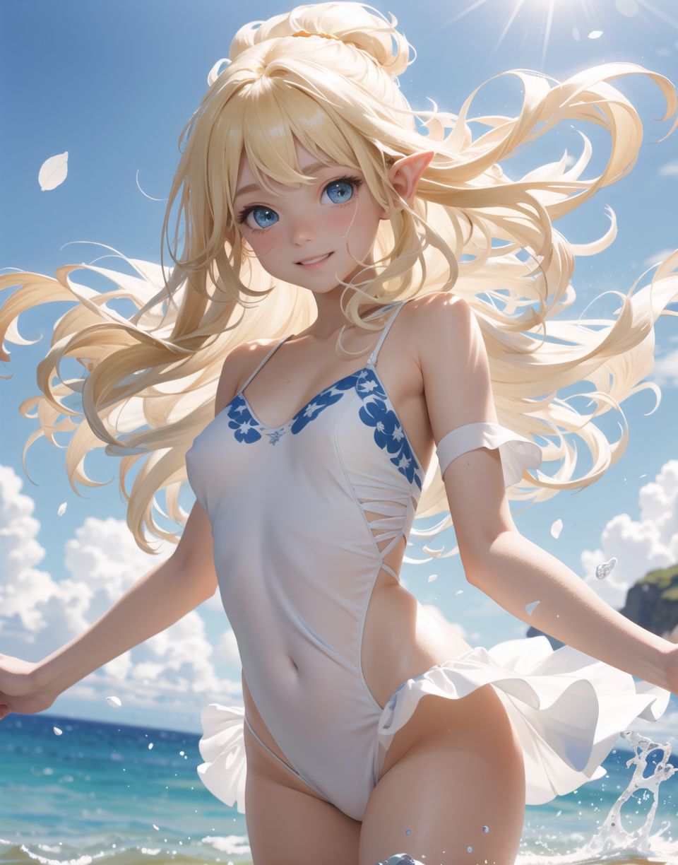 Innocent and charming 16-year-old elf girl,
Innocent, youthful expression, gentle smile, blushing soft cheeks, shy attitude,

Idol-like smile,

Bright green eyes, shining with purity,
Golden blonde hair, stylish short cut, delicate flow of hair,

((Sunny, dark-coloured blue sky,))
Southern island coast,
Beautiful sandy beach,
The shimmering horizon,
Beautiful light blue petals,
Photographic clouds,

A gentle smile, 
The strong sunshine, 
Hair blowing in the wind,

soft natural light,
Big boobs,
Adult designed swimming costume,

Glamour and joy are evident in her environment and expression,


Blake,
She faces the camera, makes eye contact and embodies lewd surprise,

Cowboy shot,
Soft, natural posture, youthful and graceful shot,

Blake ,
A slight tilt of the head, flirtatious eyes, the ideal blend of innocence and enchantment,
Elements of boy's fashion, fresh, pure pose, exuding natural charm,

Blake, 
The low angle emphasises her cuteness and highlights the delicate textures of her hair and clothing,
Natural light casts soft shadows and emphasises the youthful contours of her face,

Blake ,
Depth of field brings her into sharp focus and the outstanding depth blur (((f1.2 lens))) creates a dreamy background,
Ultra-high resolution captures every detail, from individual strands of hair to the intricate fabrics of her costume,
Professional-grade clarity and contrast bring vibrant colours to life,