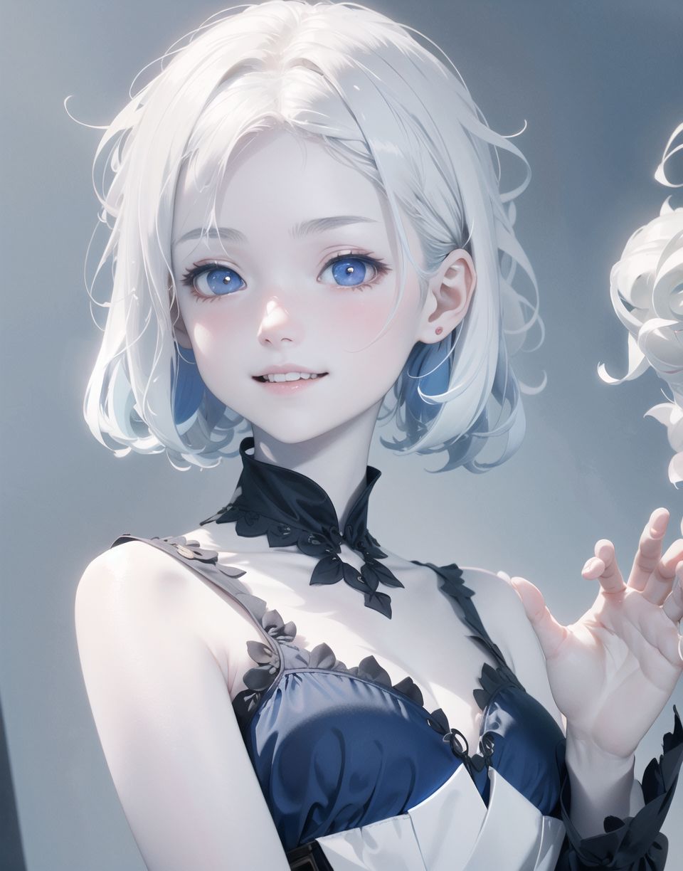 Innocent and charming 16-year-old, 
((((half-human daughter,))))
(((((Pale blue skin,)))))

Innocent, youthful expression, gentle smile, 
soft cheeks, shy demeanour,

Idol-like smile,

Red eyes shining with purity,
Stylish short cut, delicate flow of hair,
dark blue costume, white hair,