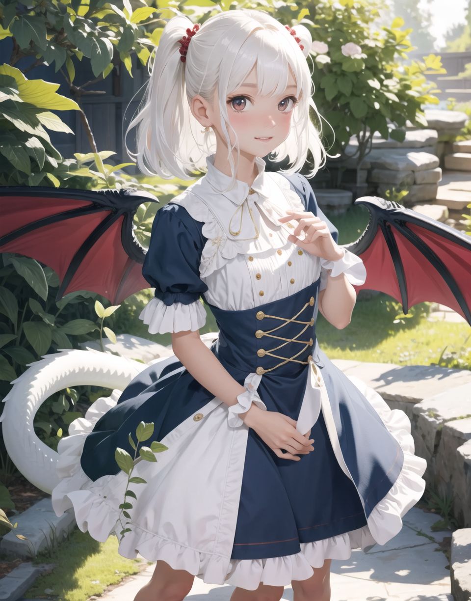 Innocent and charming 16-year-old dragon girl,
Scaled skin on all four limbs, ((((, ))))
Long tail,
small dragon wings,
prominent double teeth,

Innocent, youthful expression, gentle smile, blushed soft cheeks, shy demeanour,

Idol-like smile,

Red eyes shining with purity,
Stylish short cut, delicate flow of hair,
dark blue costume, white hair,

Blake,
She faces the camera, makes eye contact, embodies childlike wonder,

Cowboy shot,
Soft, natural posture, youthful, graceful shot,

Blake ,
Slightly tilted head, flirtatious eyes, the ideal blend of innocence and enchantment,
Elements of Lolita fashion, fresh, pure poses, exuding natural charm,

Blake. 
The low angle emphasises her cuteness and highlights the delicate textures of her hair and clothing,
The natural light casts soft shadows and accentuates the youthful contours of her face,

Blake,
The depth of field brings her into sharp focus and the outstanding depth blur ((f1.2 lens)) creates a dreamy background,
Ultra-high resolution captures every detail, from individual strands of hair to the intricate fabrics of her costume,
Professional-grade clarity and contrast bring vibrant colours to life,