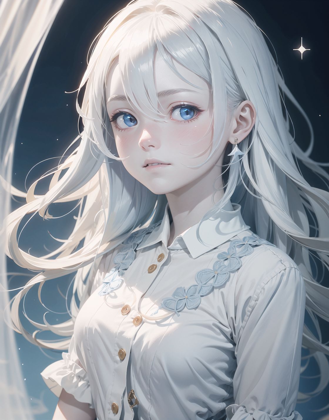 one girl,
(((((pale blue skin,)))))
((((Pale blue world,))))

Frail, ephemeral, shy, innocent, shy, sweet, sensitive
Soft cheeks, shy demeanour, shy
ethereal,

Her silvery white hair flows and sparkles,
Her mesmerising azure eyes,


Slight smile,.

Her expression is serene, yet sad and deep with a story to tell,


Blake, 

Shading in hair, textured clothing, natural light emphasising shadows, 
Focus on face, shallow depth of field, f/1.2 lens, high resolution, depth blur, 
Detailed CG, Pale blue colours, professional quality,