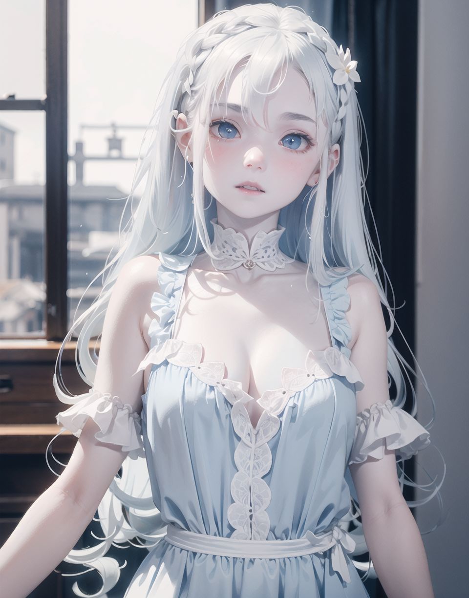 Innocent and charming 16-year-old, 
((((half-human daughter,))))
(((((Pale blue skin,)))))

Frail, ephemeral, shy, innocent, shy, sweet, sensitive,
soft cheeks, shy demeanour,

Idol-like,

Red eyes shining with purity,
Stylish short cut, delicate flow of hair,
dark blue costume, white hair,