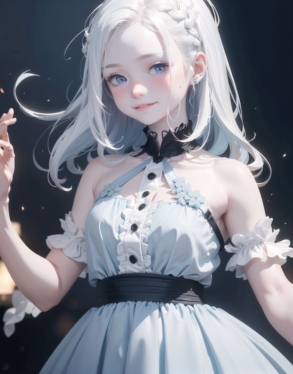 Innocent and charming 16-year-old, 
((((half-human daughter,))))
(((((Pale blue skin,)))))

Innocent, youthful expression, gentle smile, 
blushed soft cheeks, shy demeanour,

Idol-like smile,

Red eyes shining with purity,
Stylish short cut, delicate flow of hair,
dark blue costume, white hair,