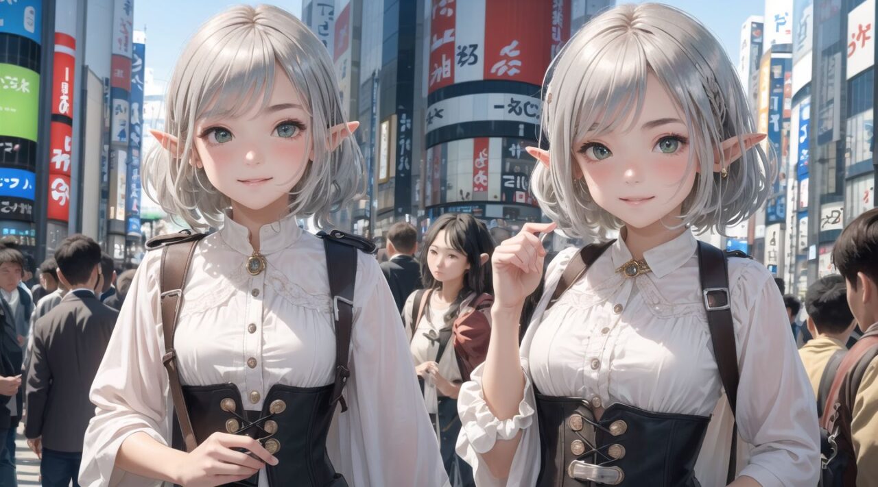 (one charming 16 year old elf girl:1.9), (elf long ears:1.4),
Innocent and youthful expression, gentle smile, blushing soft cheeks,
shy personality and attitude,

(Close-up shot:1.6),
Soft, natural posture, youthful, graceful shot,

(Incredibly kawaii face like an idol:1,8),
Her mouth is lightly closed, smiling with the corners of her mouth turned up, her lips are full and pouty,

Dark deep green eyes,
(Silver hair, stylish short cut, delicate flow of hair:1.6),


Silver hairpiece,
green blouse with frilled neckline,
Balconette corset top, brown with golden cross-stitching,
Dark brown underbust corset with golden buckles,
Emerald green cape, shoulder-clasped with golden brooch,

She is standing alone, looking at us.

her faces the camera, makes eye contact, embodies childlike wonder,




The ideal blend of innocence and enchantment,
embodies the popular kawaii girl,
elements of Lolita fashion, fresh and pure poses, natural charm,

the child face accentuates her kawaii nature and highlights the delicate textures of her hair and clothing,
The natural light casts soft shadows and accentuates the youthful contours of her face,

Bringing her into sharp focus,
The shallow depth of field of the 50mm f/1.2 lens provides beautiful depth-of-field blur with her face in focus,
High-resolution, detailed graphics,
Vivid colors, professional quality,


Ultra-high resolution captures every detail, from individual strands of hair to the intricate fabrics of her costume,
Professional-grade clarity and contrast bring vibrant colors to life,


BLAKE


Shibuya Crossing,
iconic large video screens,

Tokyo's busiest pedestrian crossing,
(Shibuya 109 building:1.7),
dozens of pedestrians crossing simultaneously,
neon advertisements,
colorful animated displays,

crowds of people using smartphones,

energetic atmosphere of Tokyo's youth culture,
ambient sounds of city life,
