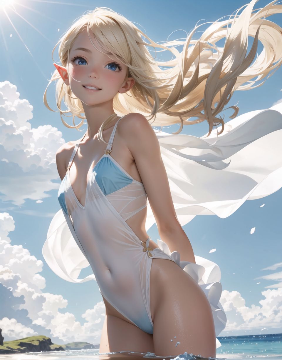 Innocent and charming 16-year-old elf girl,
Innocent, youthful expression, gentle smile, blushing soft cheeks, shy attitude,

Idol-like smile,

Bright green eyes, shining with purity,
Golden blonde hair, stylish short cut, delicate flow of hair,

((Sunny, dark-coloured blue sky,))
Southern island coast,
Beautiful sandy beach,
The shimmering horizon,
Beautiful light blue petals,
Photographic clouds,

A gentle smile, 
The strong sunshine, 
Hair blowing in the wind,

soft natural light,
Mature body,
Mature swimming costume,
Her nipples are transparent,
Navel not transparent,
serenity and joy are evident in her surroundings and expression,


Blake,
She faces the camera, makes eye contact and embodies childlike wonder,

Cowboy shot,
Soft, natural posture, youthful and graceful shot,

Blake ,
A slight tilt of the head, flirtatious eyes, the ideal blend of innocence and enchantment,
Elements of boy's fashion, fresh, pure pose, exuding natural charm,

Blake, 
The low angle emphasises her cuteness and highlights the delicate textures of her hair and clothing,
Natural light casts soft shadows and emphasises the youthful contours of her face,

Blake ,
Depth of field brings her into sharp focus and the outstanding depth blur (((f1.2 lens))) creates a dreamy background,
Ultra-high resolution captures every detail, from individual strands of hair to the intricate fabrics of her costume,
Professional-grade clarity and contrast bring vibrant colours to life,