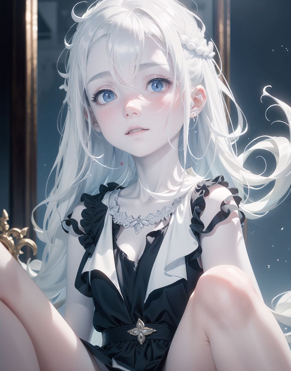 Innocent and charming 16-year-old, 
((((half-human daughter,))))
(((((Pale blue skin,)))))

Frail, ephemeral, shy, innocent, shy, sweet, sensitive,
soft cheeks, shy demeanour,

Slight smile,

Red eyes shining with purity,
Stylish short cut, delicate flow of hair,
dark blue costume, white hair,