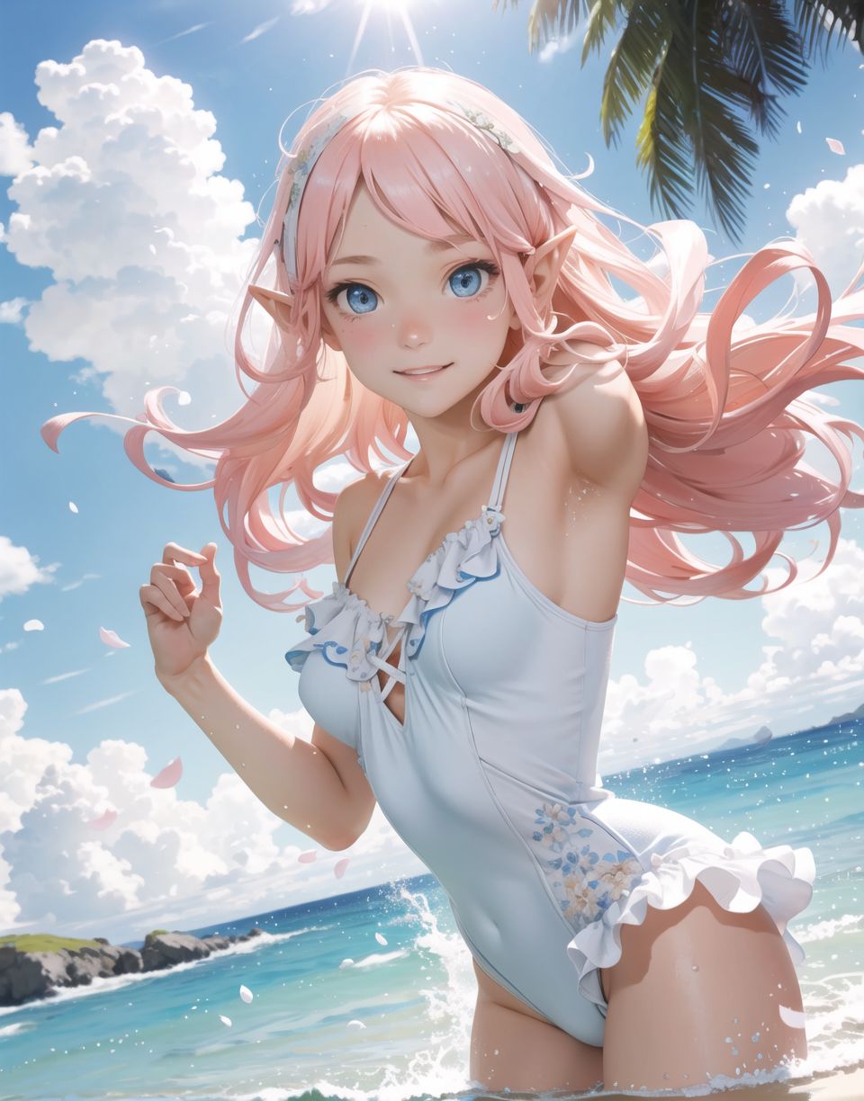 Innocent and charming 16-year-old elf girl,
Innocent, youthful expression, gentle smile, blushing soft cheeks, shy attitude,

Idol-like smile,

Bright green eyes, shining with purity,
pink hair, stylish short cut, delicate flow of hair,

((Sunny, dark-coloured blue sky,))
Southern island coast,
Beautiful sandy beach,
The shimmering horizon,
Beautiful light blue petals,
Photographic clouds,

A gentle smile, 
The strong sunshine, 
Hair blowing in the wind,

soft natural light,
Big boobs,
Adult designed swimming costume,

Glamour and joy are evident in her environment and expression,


Blake,
She faces the camera, makes eye contact and embodies lewd surprise,

Cowboy shot,
Soft, natural posture, youthful and graceful shot,

Blake ,
A slight tilt of the head, flirtatious eyes, the ideal blend of innocence and enchantment,
Elements of boy's fashion, fresh, pure pose, exuding natural charm,

Blake, 
The low angle emphasises her cuteness and highlights the delicate textures of her hair and clothing,
Natural light casts soft shadows and emphasises the youthful contours of her face,

Blake ,
Depth of field brings her into sharp focus and the outstanding depth blur (((f1.2 lens))) creates a dreamy background,
Ultra-high resolution captures every detail, from individual strands of hair to the intricate fabrics of her costume,
Professional-grade clarity and contrast bring vibrant colours to life,