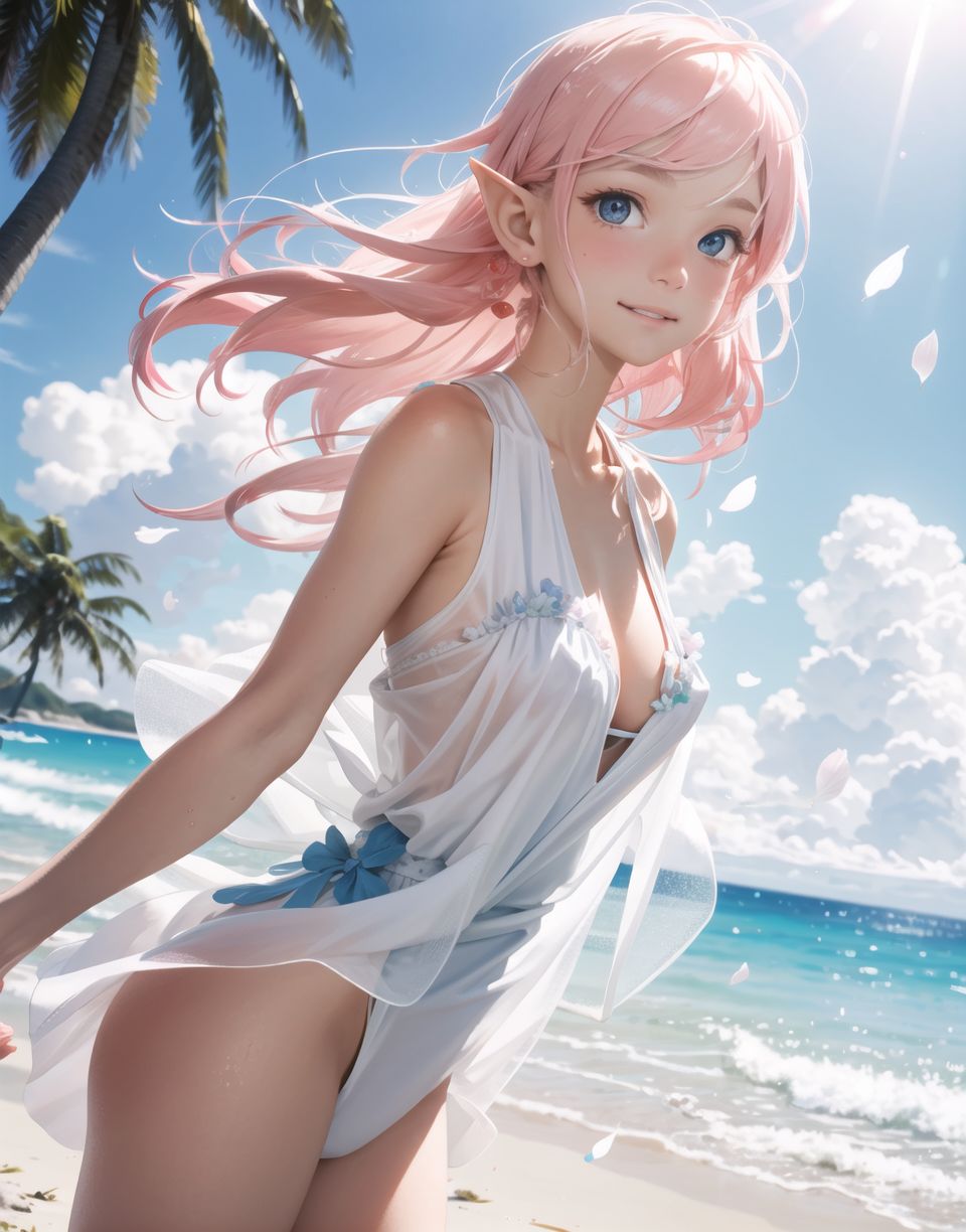 Innocent and charming 16-year-old elf girl,
Innocent, youthful expression, gentle smile, blushing soft cheeks, shy attitude,

Idol-like smile,

Bright green eyes, shining with purity,
pink hair, stylish short cut, delicate flow of hair,

((Sunny, dark-coloured blue sky,))
Southern island coast,
Beautiful sandy beach,
The shimmering horizon,
Beautiful light blue petals,
Photographic clouds,

A gentle smile, 
The strong sunshine, 
Hair blowing in the wind,

soft natural light,
Big boobs,
Adult designed swimming costume,

Glamour and joy are evident in her environment and expression,


Blake,
She faces the camera, makes eye contact and embodies lewd surprise,

Cowboy shot,
Soft, natural posture, youthful and graceful shot,

Blake ,
A slight tilt of the head, flirtatious eyes, the ideal blend of innocence and enchantment,
Elements of boy's fashion, fresh, pure pose, exuding natural charm,

Blake, 
The low angle emphasises her cuteness and highlights the delicate textures of her hair and clothing,
Natural light casts soft shadows and emphasises the youthful contours of her face,

Blake ,
Depth of field brings her into sharp focus and the outstanding depth blur (((f1.2 lens))) creates a dreamy background,
Ultra-high resolution captures every detail, from individual strands of hair to the intricate fabrics of her costume,
Professional-grade clarity and contrast bring vibrant colours to life,