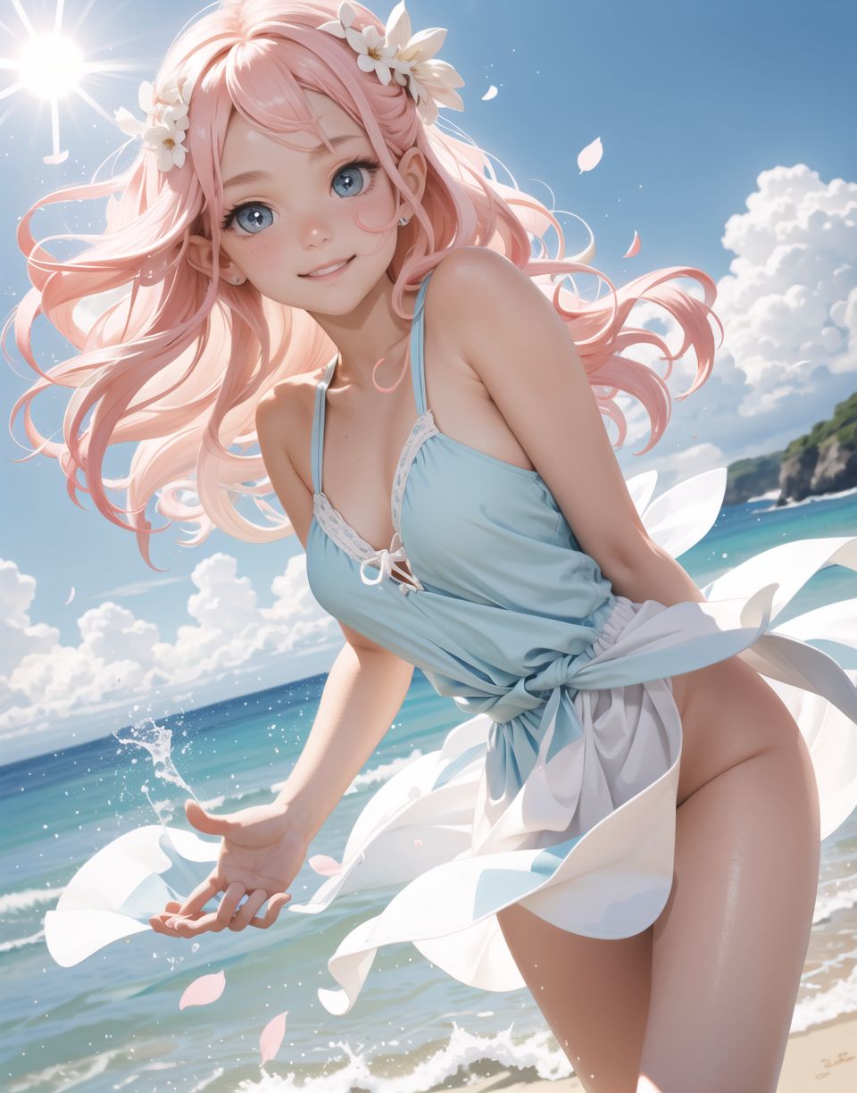 Innocent and charming 16-year-old elf girl,
Innocent, youthful expression, gentle smile, blushing soft cheeks, shy attitude,

Idol-like smile,

Bright green eyes, shining with purity,
pink hair, stylish short cut, delicate flow of hair,

((Sunny, dark-coloured blue sky,))
Southern island coast,
Beautiful sandy beach,
The shimmering horizon,
Beautiful light blue petals,
Photographic clouds,

A gentle smile, 
The strong sunshine, 
Hair blowing in the wind,

soft natural light,
Big boobs,
Adult designed swimming costume,

Glamour and joy are evident in her environment and expression,


Blake,
She faces the camera, makes eye contact and embodies lewd surprise,

Cowboy shot,
Soft, natural posture, youthful and graceful shot,

Blake ,
A slight tilt of the head, flirtatious eyes, the ideal blend of innocence and enchantment,
Elements of boy's fashion, fresh, pure pose, exuding natural charm,

Blake, 
The low angle emphasises her cuteness and highlights the delicate textures of her hair and clothing,
Natural light casts soft shadows and emphasises the youthful contours of her face,

Blake ,
Depth of field brings her into sharp focus and the outstanding depth blur (((f1.2 lens))) creates a dreamy background,
Ultra-high resolution captures every detail, from individual strands of hair to the intricate fabrics of her costume,
Professional-grade clarity and contrast bring vibrant colours to life,