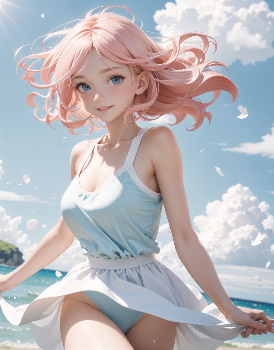 Innocent and charming 16-year-old elf girl,
Innocent, youthful expression, gentle smile, blushing soft cheeks, shy attitude,

Idol-like smile,

Bright green eyes, shining with purity,
pink hair, stylish short cut, delicate flow of hair,

((Sunny, dark-coloured blue sky,))
Southern island coast,
Beautiful sandy beach,
The shimmering horizon,
Beautiful light blue petals,
Photographic clouds,

A gentle smile, 
The strong sunshine, 
Hair blowing in the wind,

soft natural light,
Big boobs,
Adult designed swimming costume,

Glamour and joy are evident in her environment and expression,


Blake,
She faces the camera, makes eye contact and embodies lewd surprise,

Cowboy shot,
Soft, natural posture, youthful and graceful shot,

Blake ,
A slight tilt of the head, flirtatious eyes, the ideal blend of innocence and enchantment,
Elements of boy's fashion, fresh, pure pose, exuding natural charm,

Blake, 
The low angle emphasises her cuteness and highlights the delicate textures of her hair and clothing,
Natural light casts soft shadows and emphasises the youthful contours of her face,

Blake ,
Depth of field brings her into sharp focus and the outstanding depth blur (((f1.2 lens))) creates a dreamy background,
Ultra-high resolution captures every detail, from individual strands of hair to the intricate fabrics of her costume,
Professional-grade clarity and contrast bring vibrant colours to life,